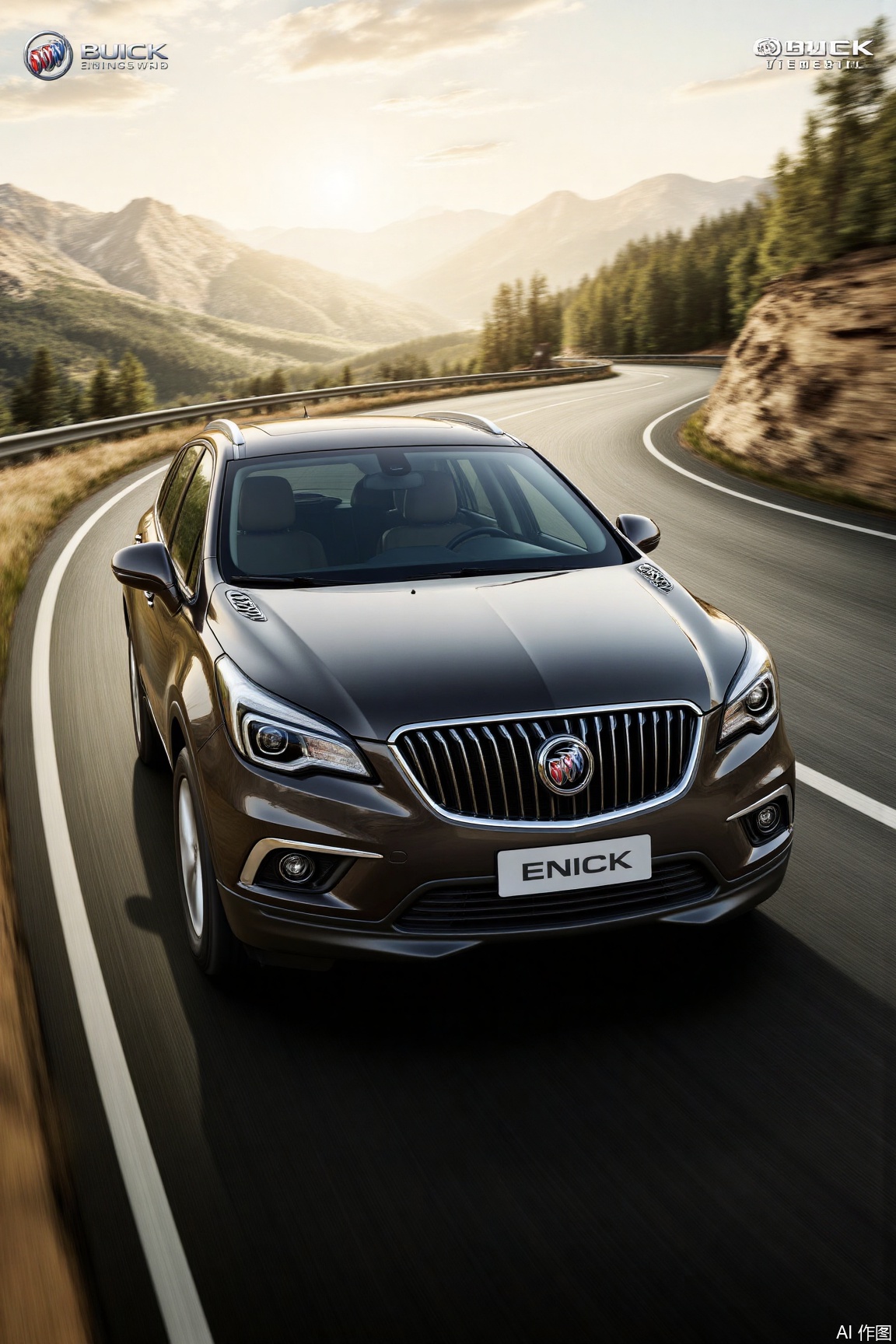 Buick ENVISION SUV, the style is beautiful and artistic. A brand new Buick Envoy car is driving on a winding road in the mountains. The golden light and shadow are soft when the sunset fall. The body is shining with gloss. The background is the magnificent mountains and lush trees in the distance. The atmosphere is romantic and quiet, and the details are exquisitely composed like a movie scene.