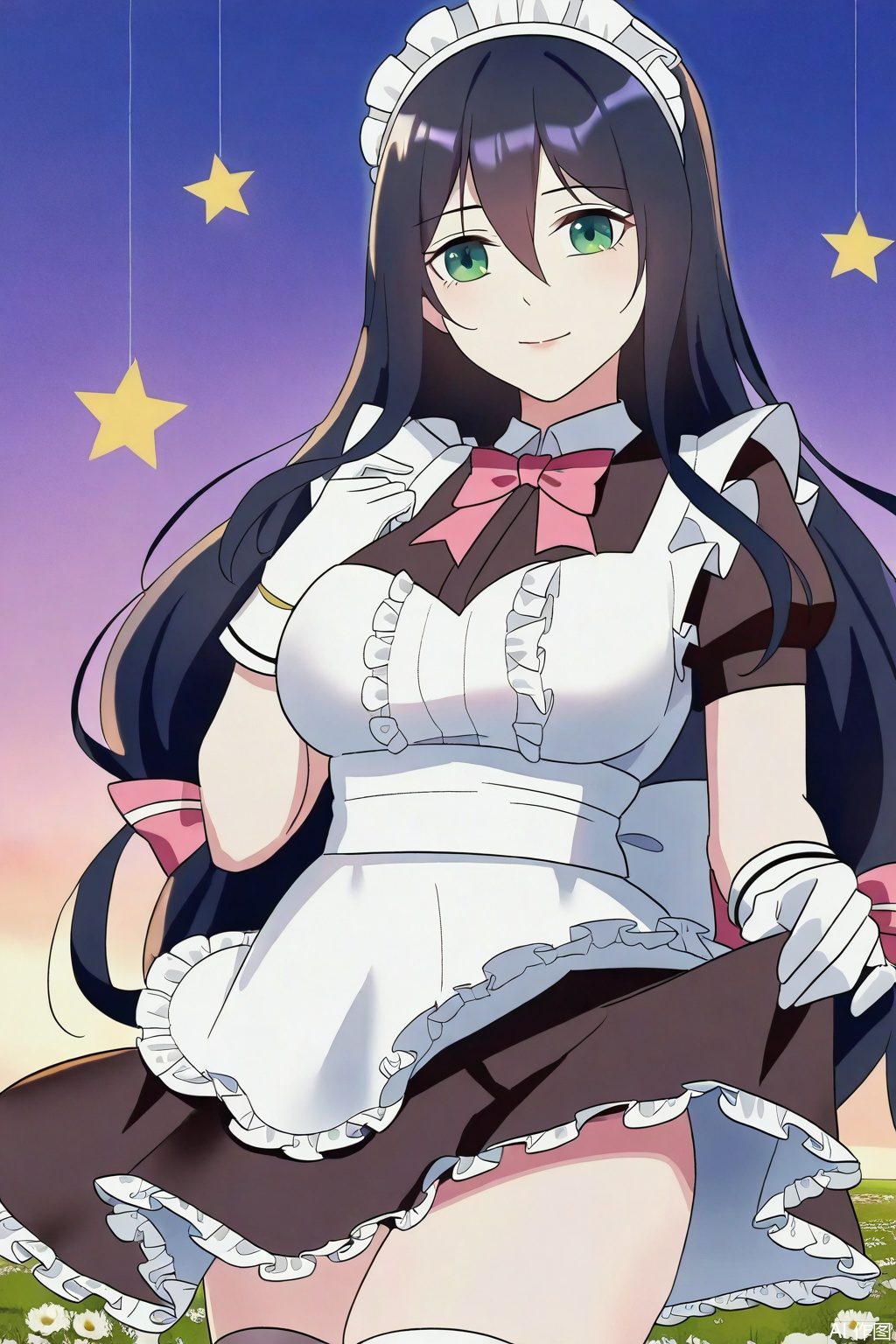 1girl, solo, long hair, breasts, smile, bangs, large breasts, black hair, gloves, dress, hair between eyes, green eyes, short sleeves, white gloves, star \(symbol\), apron, maid, maid headdress, maid apron,Thigh exposed,thighhighs,looking at viewer,in a meadow,in a meadow,