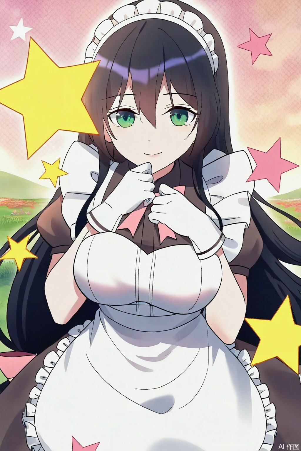 1girl, solo, long hair, breasts, smile, bangs, large breasts, black hair, gloves, dress, hair between eyes, green eyes, short sleeves, white gloves, star \(symbol\), apron, maid, maid headdress, maid apron,Thigh exposed,thighhighs,looking at viewer,in a meadow,in a meadow,