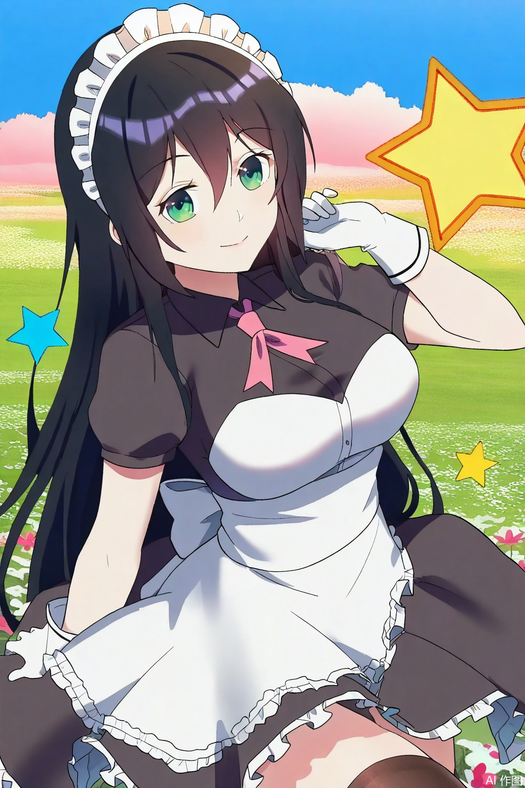 1girl, solo, long hair, breasts, smile, bangs, large breasts, black hair, gloves, dress, hair between eyes, green eyes, short sleeves, white gloves, star \(symbol\), apron, maid, maid headdress, maid apron,Thigh exposed,thighhighs,looking at viewer,in a meadow,in a meadow,
