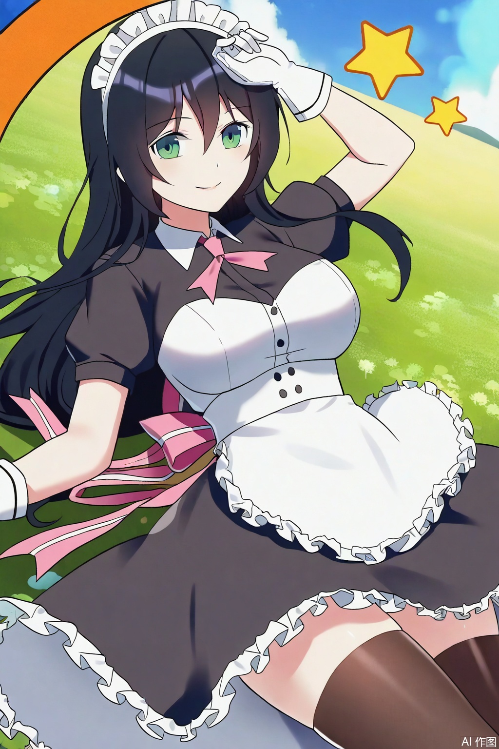 1girl, solo, long hair, breasts, smile, bangs, large breasts, black hair, gloves, dress, hair between eyes, green eyes, short sleeves, white gloves, star \(symbol\), apron, maid, maid headdress, maid apron,Thigh exposed,thighhighs,looking at viewer,in a meadow,in a meadow,