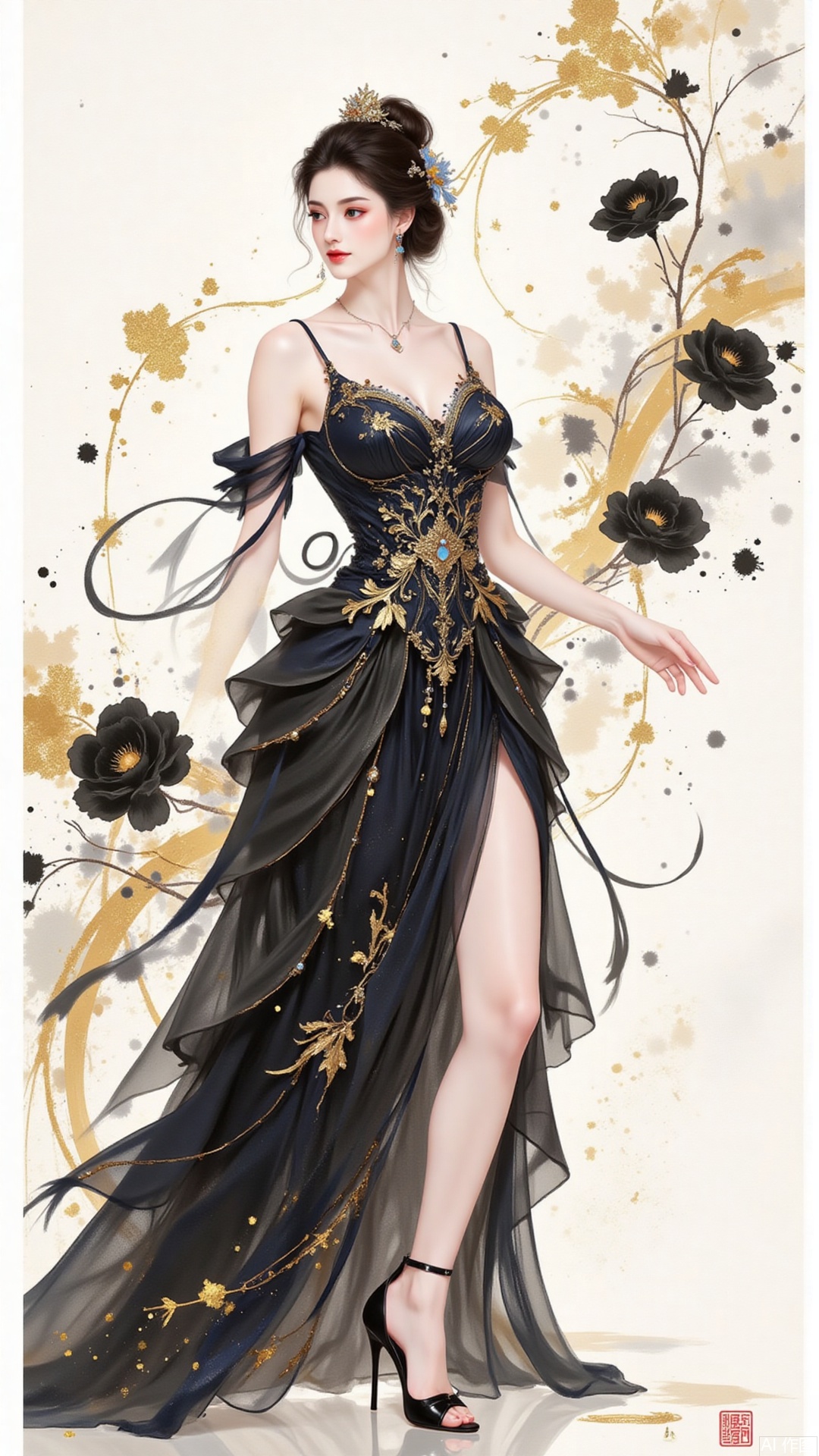 Ink Wash Painting, This illustration skillfully integrates Eastern aesthetics with fashion.The woman in an exquisitely tailored black gown made of layered  flowers stands elegantly. The high slit, black stockings and high - heels outline a sexy charm. The splashed - ink black flowers in the background are free and unrestrained. In the background, ink splashes, with black and gold ink flowing.The blend of traditional artistic conception and modern styling creates an elegant artistic atmosphere, conveying a unique Eastern charm.,shiny pantyhose,plns,xkj,dpx,jinbo,moran,xiaomei