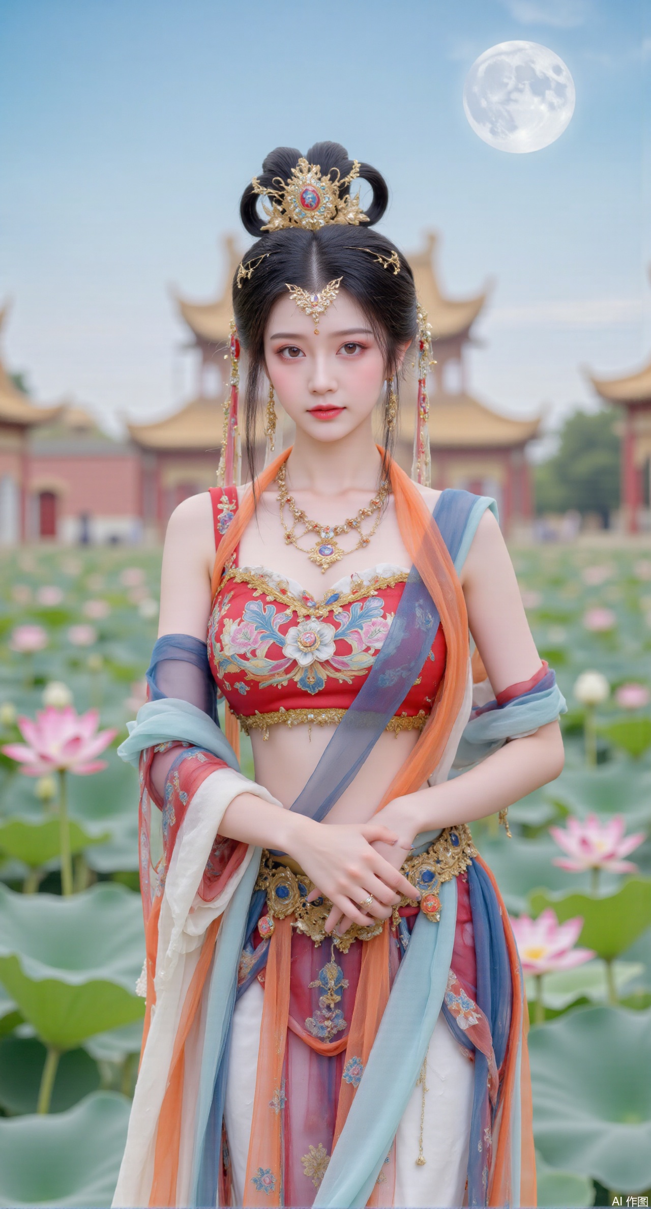 (masterpiece, best quality:1.2),1girl, navel, solo, midriff, bare shoulders, hair ornament,(long hair),(High double ponytail:1.49), red lips, BREAK, (looking at viewer:1.39), chinese clothes,(long dress:1.36), (lace:1.28), BREAK,blurry, solo focus, long hair, lips, daytime, lipstick, outdoors, standing,upper body,(huge breasts:2.99), (full breasts:2.99),background, solo, makeup,Xyunxiao,(Lotus,Water Lily,Blue sky,full moon:1.39),(Lotus pond,ancient Chinese architecture:1.39),Xmupeiling,XsongyuYK,XqiyueFHK,XheguangzhefandiYK,XxiaobaiNZYK,XlimuwanJCBYK,XmeijiK,XzhouruK,Xjinniang,Xliangpianqun,Xyinggou,Xfeitianwunv,XnangongxierK,Xbaiyuekuishouban,Xnvwashenian,XmupeilingY,Xdaji,Xyujishenian,XluxueqiX,Xfeitianhanfu
