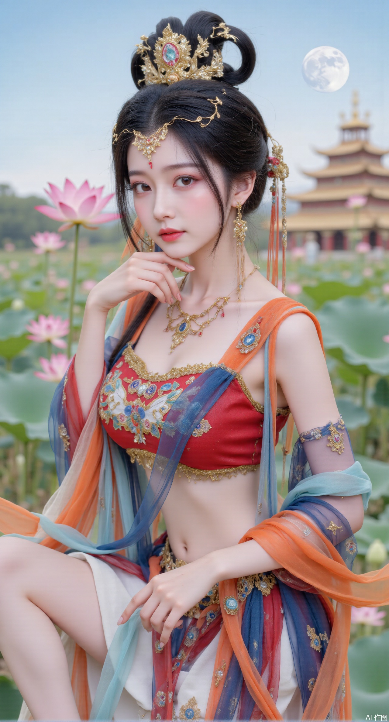 (masterpiece, best quality:1.2),1girl, navel, solo, midriff, bare shoulders, hair ornament,(long hair),(High double ponytail:1.49), red lips, BREAK, (looking at viewer:1.39), chinese clothes,(long dress:1.36), (lace:1.28), BREAK,blurry, solo focus, long hair, lips, daytime, lipstick, outdoors, standing,upper body,(huge breasts:2.99), (full breasts:2.99),background, solo, makeup,Xyunxiao,(Lotus,Water Lily,Blue sky,full moon:1.39),(Lotus pond,ancient Chinese architecture:1.39),Xmupeiling,XsongyuYK,XqiyueFHK,XheguangzhefandiYK,XxiaobaiNZYK,XlimuwanJCBYK,XmeijiK,XzhouruK,Xjinniang,Xliangpianqun,Xyinggou,Xfeitianwunv,XnangongxierK,Xbaiyuekuishouban,Xnvwashenian,XmupeilingY,Xdaji,Xyujishenian,XluxueqiX,Xfeitianhanfu