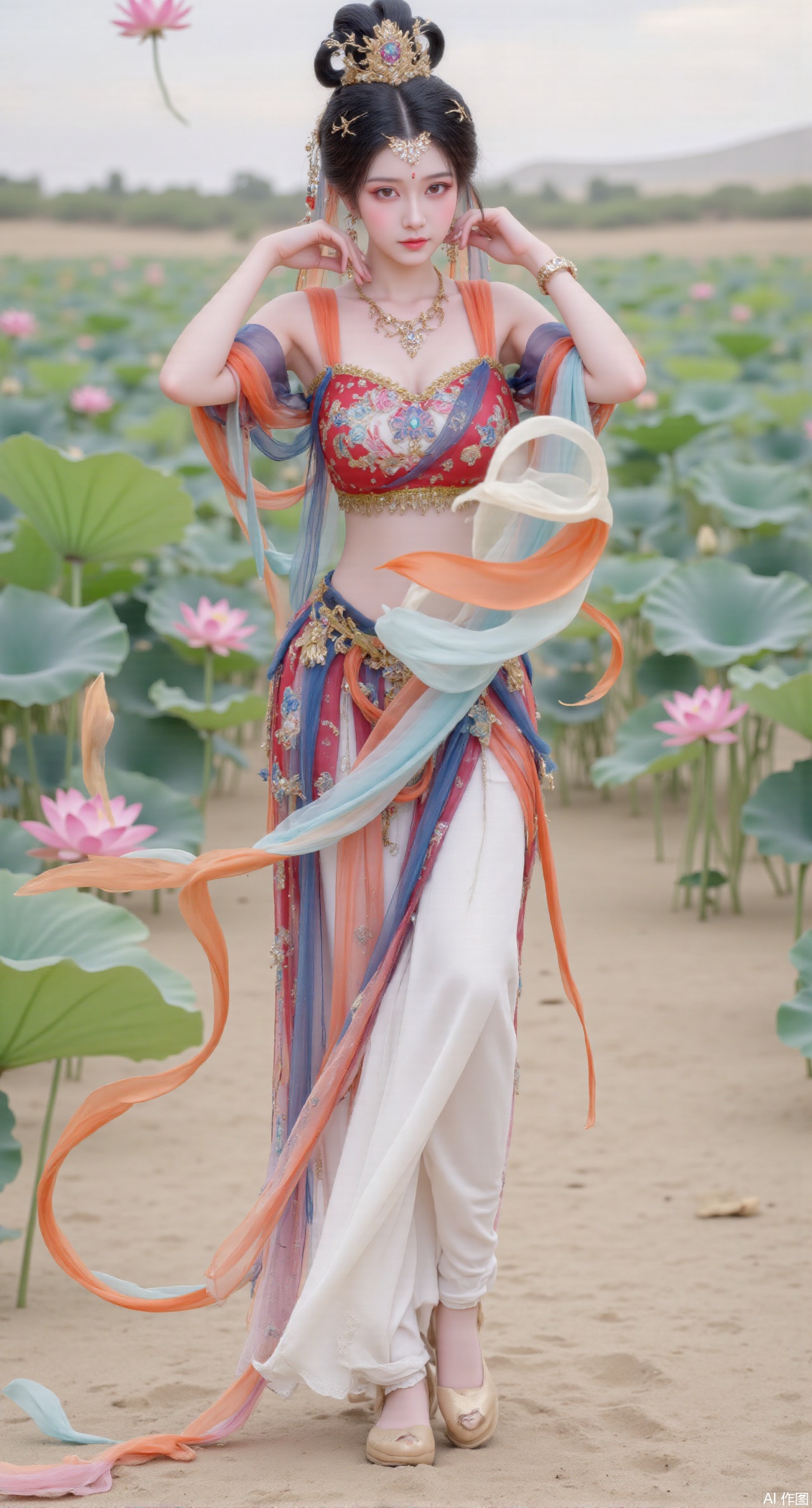 (masterpiece:1.2),best quality,(UE5.5,rendered with Unreal Engine 5,Unreal Engine 5,CG rendering:1.1),original,extremely detailed wallpaper,perfect lighting,1girl,solo,standing,(huge breasts:2.69),(full breasts:2.59),,looking at viewer,(cowboy_shot:1.1),long hair,high heels,blurry background,depth of field,motion blur,long dress,china_dress,chinese_style,bare shouders,crystal_earrings,headpiece,hair_tie,chest_jewel,gem,necklace,jewelry,in summer,day,outdoors,nature,sea,(rose,beach:1.49),(huge breasts:2.99),(full breasts:2.99),,(Background with lotus pond and pink lotus flowers:1.39),Xmupeiling,XsongyuYK,XqiyueFHK,XheguangzhefandiYK,XxiaobaiNZYK,XlimuwanJCBYK,XmeijiK,XzhouruK,Xjinniang,Xliangpianqun,Xyinggou,Xfeitianwunv,XnangongxierK,Xbaiyuekuishouban,Xnvwashenian,XmupeilingY,Xdaji,Xyujishenian,XluxueqiX,Xfeitianhanfu