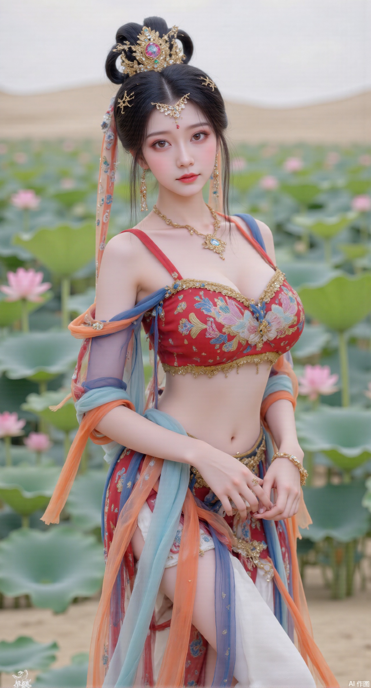 (masterpiece:1.2),best quality,(UE5.5,rendered with Unreal Engine 5,Unreal Engine 5,CG rendering:1.1),original,extremely detailed wallpaper,perfect lighting,1girl,solo,standing,(huge breasts:2.69),(full breasts:2.59),,looking at viewer,(cowboy_shot:1.1),long hair,high heels,blurry background,depth of field,motion blur,long dress,china_dress,chinese_style,bare shouders,crystal_earrings,headpiece,hair_tie,chest_jewel,gem,necklace,jewelry,in summer,day,outdoors,nature,sea,(rose,beach:1.49),(huge breasts:2.99),(full breasts:2.99),,(Background with lotus pond and pink lotus flowers:1.39),Xmupeiling,XsongyuYK,XqiyueFHK,XheguangzhefandiYK,XxiaobaiNZYK,XlimuwanJCBYK,XmeijiK,XzhouruK,Xjinniang,Xliangpianqun,Xyinggou,Xfeitianwunv,XnangongxierK,Xbaiyuekuishouban,Xnvwashenian,XmupeilingY,Xdaji,Xyujishenian,XluxueqiX,Xfeitianhanfu