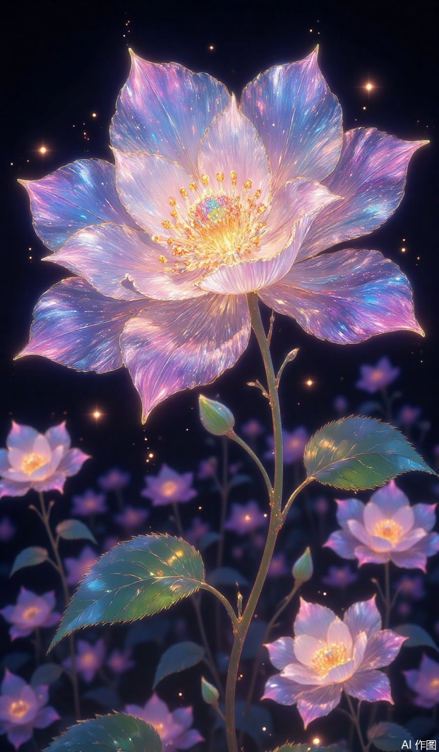 quanxi,flower,This image is an ultra-high-definition 8K wallpaper with a 45-degree flat perspective. (The flower has a very large number of petals:2),(the outer petals are very long:2). It is blooming brilliantly. The background is a Gaussian blurred cluster of flowers. The main subject is a huge flower,with petals as thin as liquid crystal,translucent. Each petal has a gradient of transparency from the base to the edge. The thinnest parts almost vanish into the air but still clearly show the internal flowing colored light veins. In the center of the flower,hundreds of glowing stamens spread out in a spiral nebula pattern. Upon closer inspection,miniature celestial bodies can be seen suspended at the tips of each stamen. The background is a Gaussian blurred cluster of flowers.,