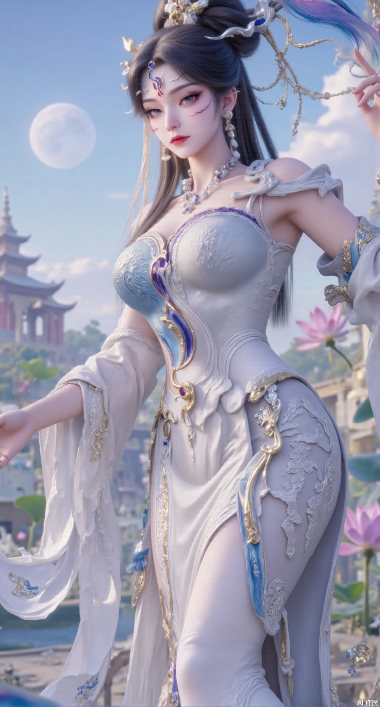 (masterpiece:1.2),best quality, (UE5.5,rendered with Unreal Engine 5,Unreal Engine 5,CG rendering),1girl, navel, solo, midriff, bare shoulders, hair ornament,(long hair),(High double ponytail:1.49), red lips, BREAK, (looking at viewer:1.39), chinese clothes,(long dress:1.36), (lace:1.28), BREAK,blurry, solo focus, long hair, lips, daytime, lipstick, outdoors, standing,upper body,(huge breasts:2.99), (full breasts:2.99),background, solo, makeup,Xyunxiao,(Lotus,Water Lily,Blue sky,full moon:1.39),(Lotus pond,ancient Chinese architecture:1.39),Xmupeiling,XsongyuYK,XqiyueFHK,XheguangzhefandiYK,XxiaobaiNZYK,XlimuwanJCBYK,XmeijiK,XzhouruK,XHhanfududou,XzhouruK2,XmeijiK2,XlinziyueK2,Xjinniang2,Xdunhuangfeitian,Xyinggou2,XnangongxierK2,Xnvwashenian2,XmupeilingYK,Xdaji2