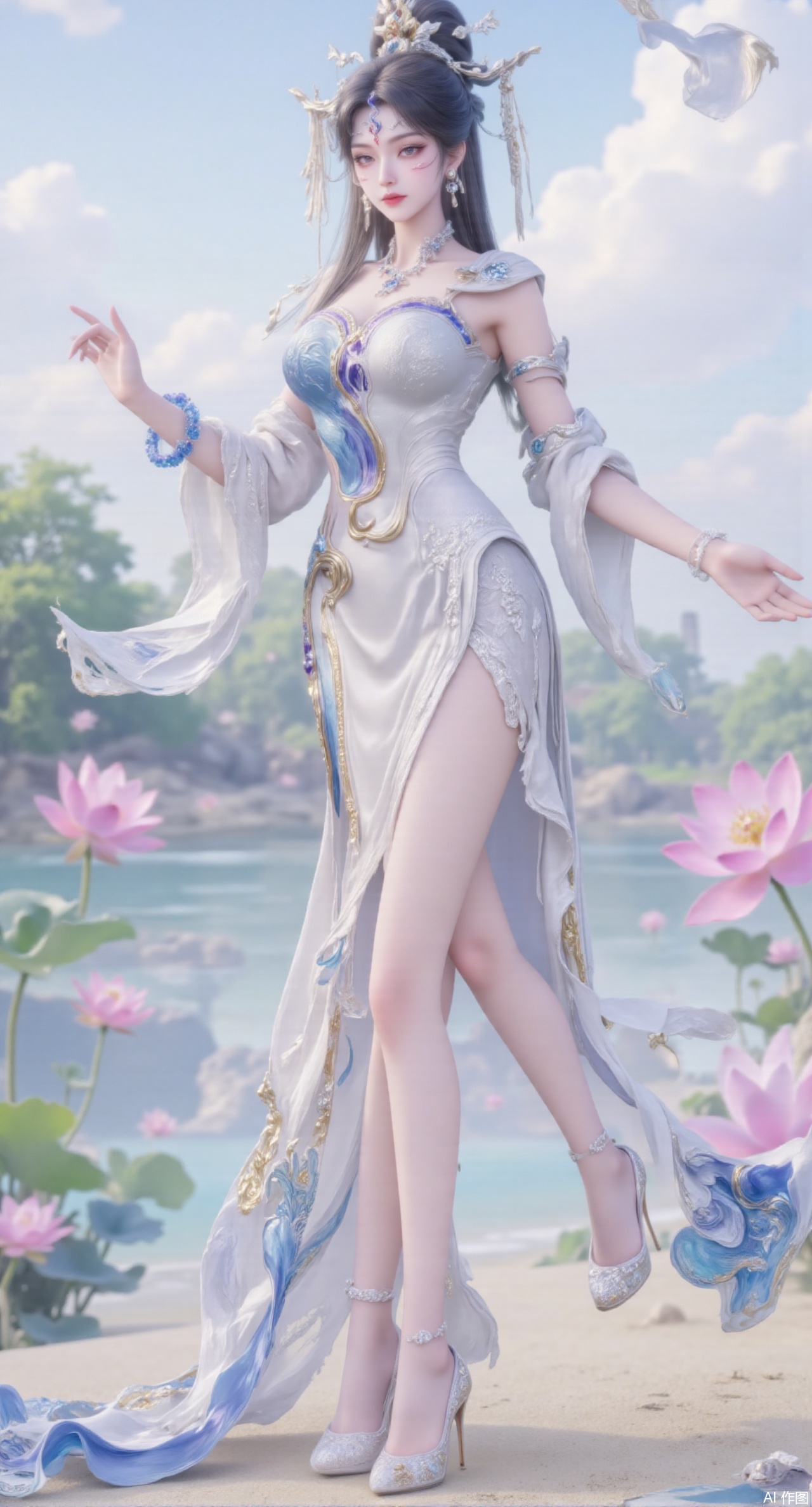 (masterpiece:1.2),best quality, (UE5.5,rendered with Unreal Engine 5,Unreal Engine 5,CG rendering), (masterpiece:1.2),,1girl,solo,standing,looking at viewer,(cowboy_shot:1.3),black hair,long hair,high heels,blurry background,depth of field,motion blur,short dress,china_dress,chinese_style,bare shouders,crystal_earrings,headpiece,hair_tie,chest_jewel,gem,necklace,jewelry,in summer,day,outdoors,nature,sea,(beach:1.4),(huge breasts:2.99),(full breasts:2.99),(lotus pond and pink lotus flowers:1.59),,(very long legs,Diamond-studded high heels:1.5),Xmupeiling,XsongyuYK,XqiyueFHK,XheguangzhefandiYK,XxiaobaiNZYK,XlimuwanJCBYK,XmeijiK,XzhouruK,XHhanfududou,XzhouruK2,XmeijiK2,XlinziyueK2,Xjinniang2,Xdunhuangfeitian,Xyinggou2,XnangongxierK2,Xnvwashenian2,XmupeilingYK,Xdaji2