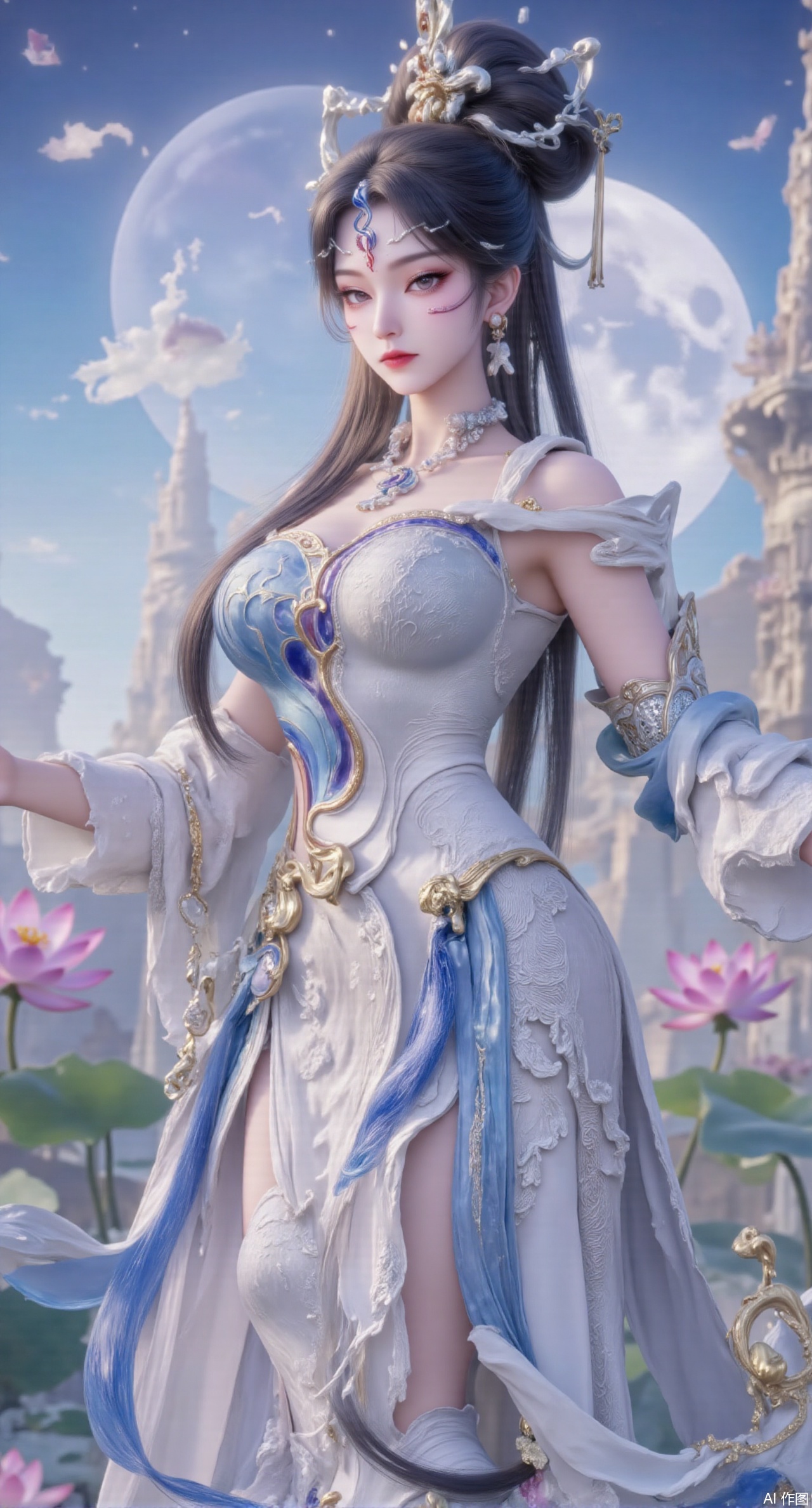 (masterpiece:1.2),best quality, (UE5.5,rendered with Unreal Engine 5,Unreal Engine 5,CG rendering),1girl, navel, solo, midriff, bare shoulders, hair ornament,(long hair),(High double ponytail:1.49), red lips, BREAK, (looking at viewer:1.39), chinese clothes,(long dress:1.36), (lace:1.28), BREAK,blurry, solo focus, long hair, lips, daytime, lipstick, outdoors, standing,upper body,(huge breasts:2.99), (full breasts:2.99),background, solo, makeup,Xyunxiao,(Lotus,Water Lily,Blue sky,full moon:1.39),(Lotus pond,ancient Chinese architecture:1.39),Xmupeiling,XsongyuYK,XqiyueFHK,XheguangzhefandiYK,XxiaobaiNZYK,XlimuwanJCBYK,XmeijiK,XzhouruK,XHhanfududou,XzhouruK2,XmeijiK2,XlinziyueK2,Xjinniang2,Xdunhuangfeitian,Xyinggou2,XnangongxierK2,Xnvwashenian2,XmupeilingYK,Xdaji2