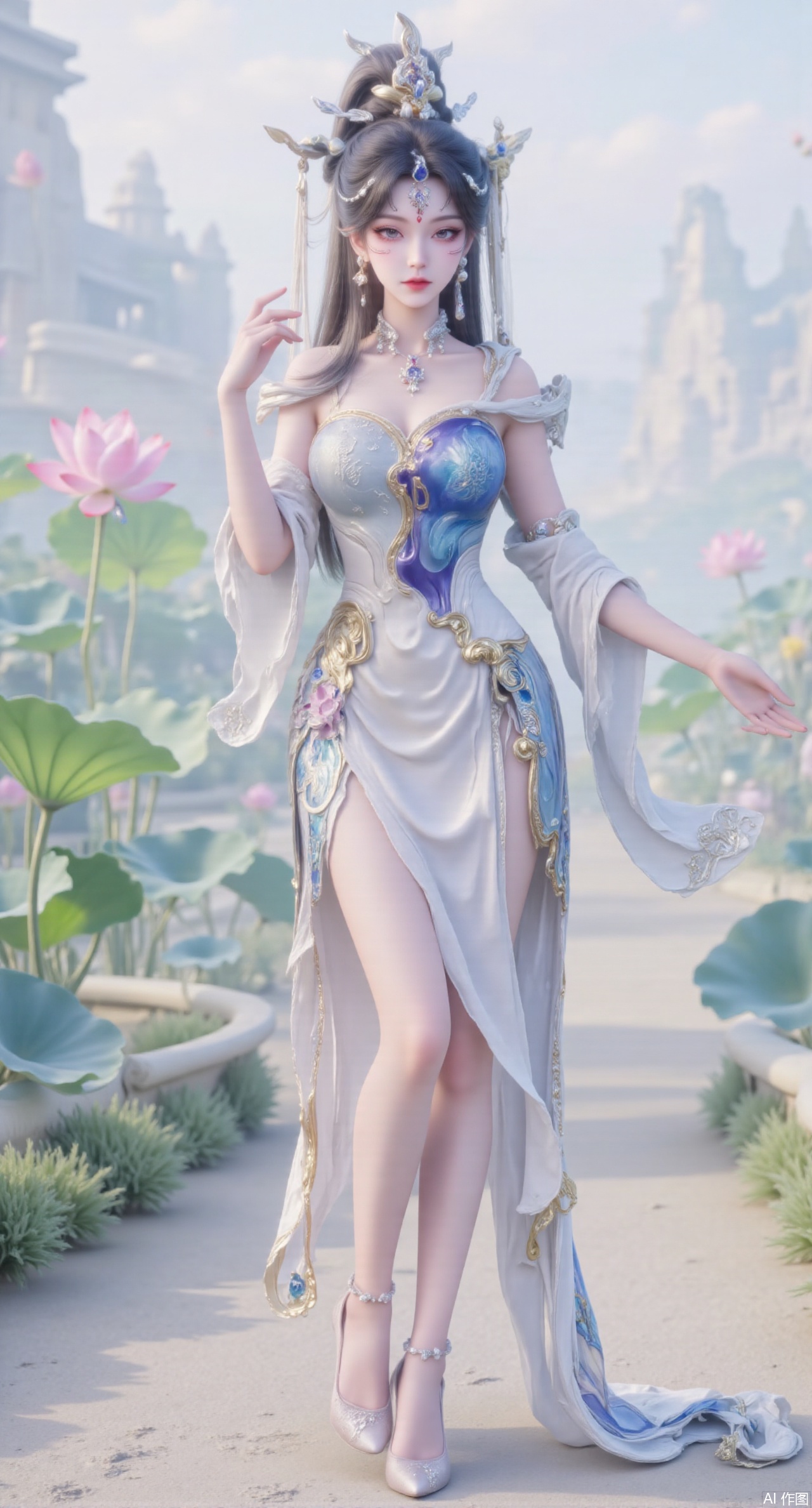(masterpiece:1.2),best quality, (UE5.5,rendered with Unreal Engine 5,Unreal Engine 5,CG rendering), (masterpiece:1.2),,1girl,solo,standing,looking at viewer,(cowboy_shot:1.3),black hair,long hair,high heels,blurry background,depth of field,motion blur,short dress,china_dress,chinese_style,bare shouders,crystal_earrings,headpiece,hair_tie,chest_jewel,gem,necklace,jewelry,in summer,day,outdoors,nature,sea,(beach:1.4),(huge breasts:2.99),(full breasts:2.99),(lotus pond and pink lotus flowers:1.59),,(very long legs,Diamond-studded high heels:1.5),Xmupeiling,XsongyuYK,XqiyueFHK,XheguangzhefandiYK,XxiaobaiNZYK,XlimuwanJCBYK,XmeijiK,XzhouruK,XHhanfududou,XzhouruK2,XmeijiK2,XlinziyueK2,Xjinniang2,Xdunhuangfeitian,Xyinggou2,XnangongxierK2,Xnvwashenian2,XmupeilingYK,Xdaji2