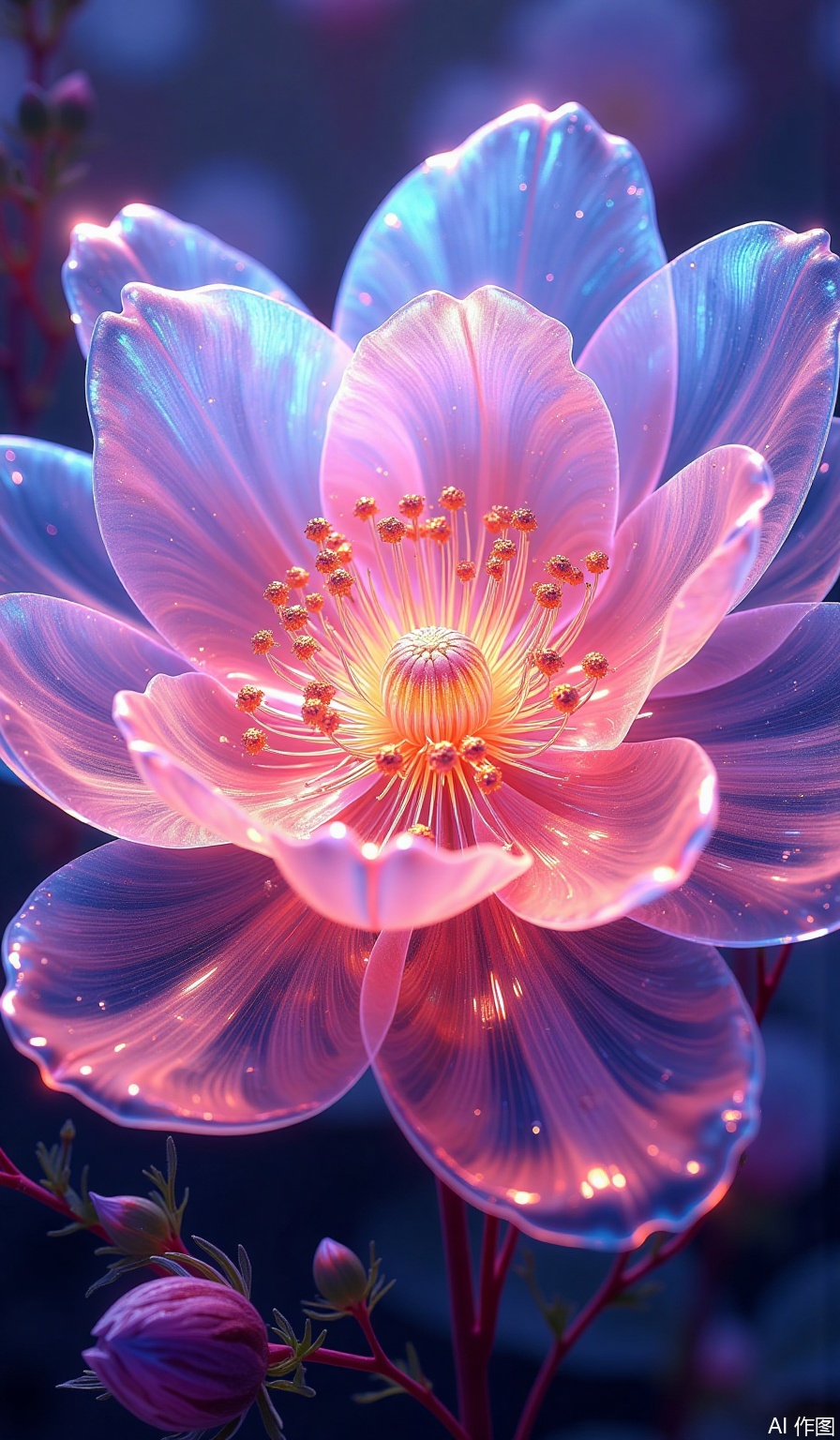 quanxi,flower,This image is an ultra-high-definition 8K wallpaper with a 45-degree flat perspective. (The flower has a very large number of petals:2),(the outer petals are very long:2). It is blooming brilliantly. The background is a Gaussian blurred cluster of flowers. The main subject is a huge flower,with petals as thin as liquid crystal,translucent. Each petal has a gradient of transparency from the base to the edge. The thinnest parts almost vanish into the air but still clearly show the internal flowing colored light veins. In the center of the flower,hundreds of glowing stamens spread out in a spiral nebula pattern. Upon closer inspection,miniature celestial bodies can be seen suspended at the tips of each stamen. The background is a Gaussian blurred cluster of flowers.,