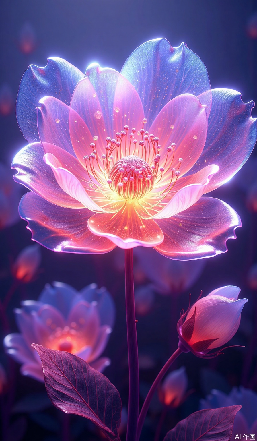 quanxi,flower,This image is an ultra-high-definition 8K wallpaper with a 45-degree flat perspective. (The flower has a very large number of petals:2),(the outer petals are very long:2). It is blooming brilliantly. The background is a Gaussian blurred cluster of flowers. The main subject is a huge flower,with petals as thin as liquid crystal,translucent. Each petal has a gradient of transparency from the base to the edge. The thinnest parts almost vanish into the air but still clearly show the internal flowing colored light veins. In the center of the flower,hundreds of glowing stamens spread out in a spiral nebula pattern. Upon closer inspection,miniature celestial bodies can be seen suspended at the tips of each stamen. The background is a Gaussian blurred cluster of flowers.,