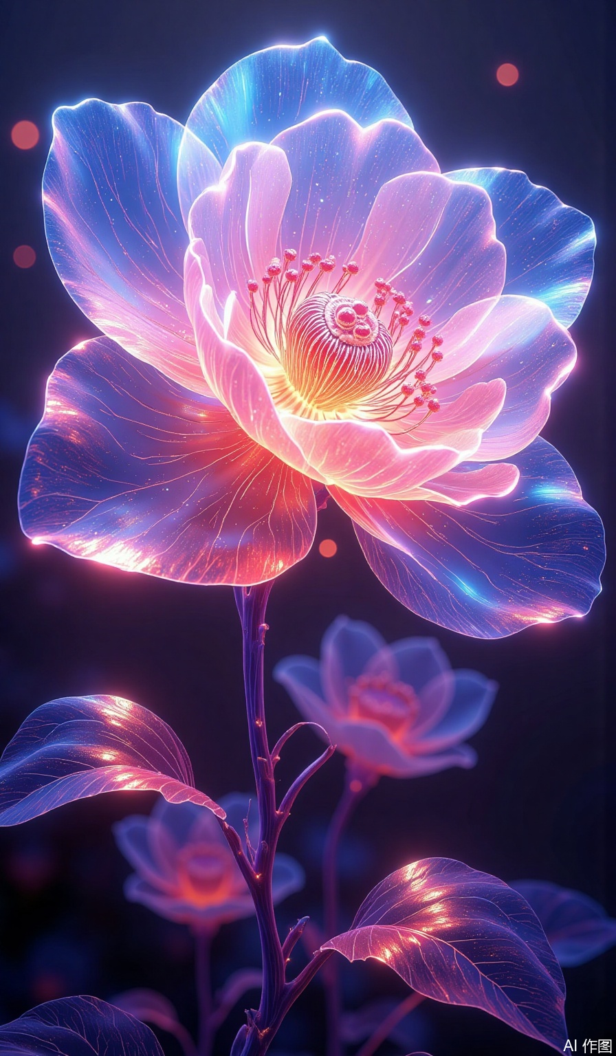 quanxi,flower,This image is an ultra-high-definition 8K wallpaper with a 45-degree flat perspective. (The flower has a very large number of petals:2),(the outer petals are very long:2). It is blooming brilliantly. The background is a Gaussian blurred cluster of flowers. The main subject is a huge flower,with petals as thin as liquid crystal,translucent. Each petal has a gradient of transparency from the base to the edge. The thinnest parts almost vanish into the air but still clearly show the internal flowing colored light veins. In the center of the flower,hundreds of glowing stamens spread out in a spiral nebula pattern. Upon closer inspection,miniature celestial bodies can be seen suspended at the tips of each stamen. The background is a Gaussian blurred cluster of flowers.,
