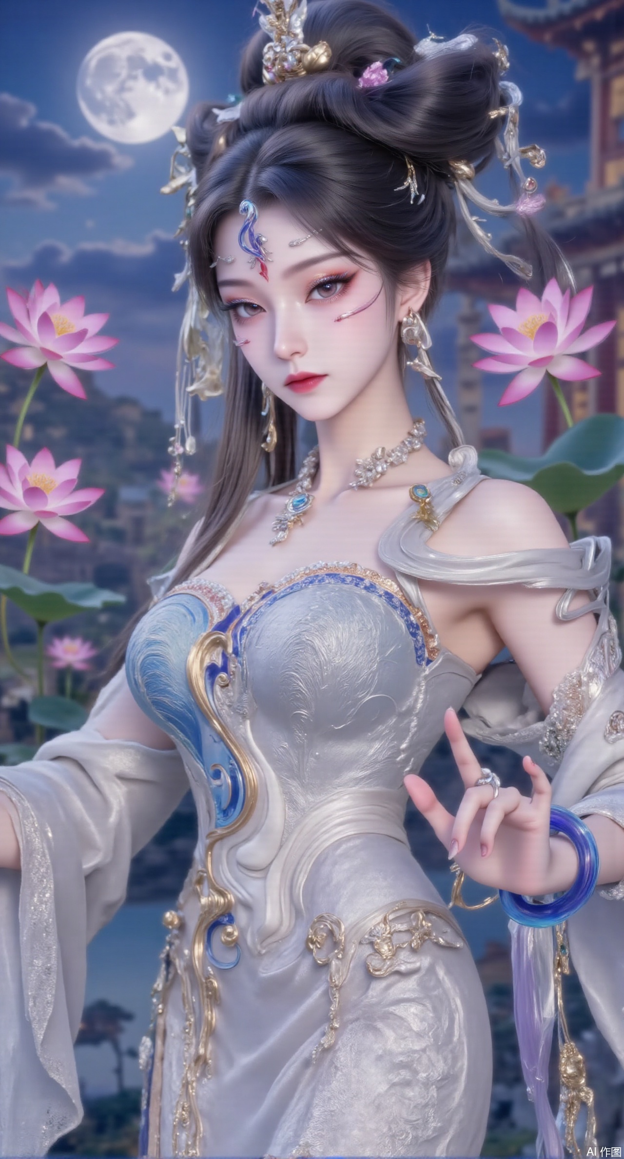 (masterpiece, best quality:1.2),1girl, navel, solo, midriff, bare shoulders, hair ornament,(long hair),(High double ponytail:1.49), red lips, BREAK, (looking at viewer:1.39), chinese clothes,(long dress:1.36), (lace:1.28), BREAK,blurry, solo focus, long hair, lips, daytime, lipstick, outdoors, standing,upper body,(huge breasts:2.99), (full breasts:2.99),background, solo, makeup,Xyunxiao,(Lotus,Water Lily,Blue sky,full moon:1.39),(Lotus pond,ancient Chinese architecture:1.39),Xmupeiling,XsongyuYK,XqiyueFHK,XheguangzhefandiYK,XxiaobaiNZYK,XlimuwanJCBYK,XmeijiK,XzhouruK,Xjinniang,Xliangpianqun,Xyinggou,Xfeitianwunv,XnangongxierK,Xbaiyuekuishouban,Xnvwashenian,XmupeilingY