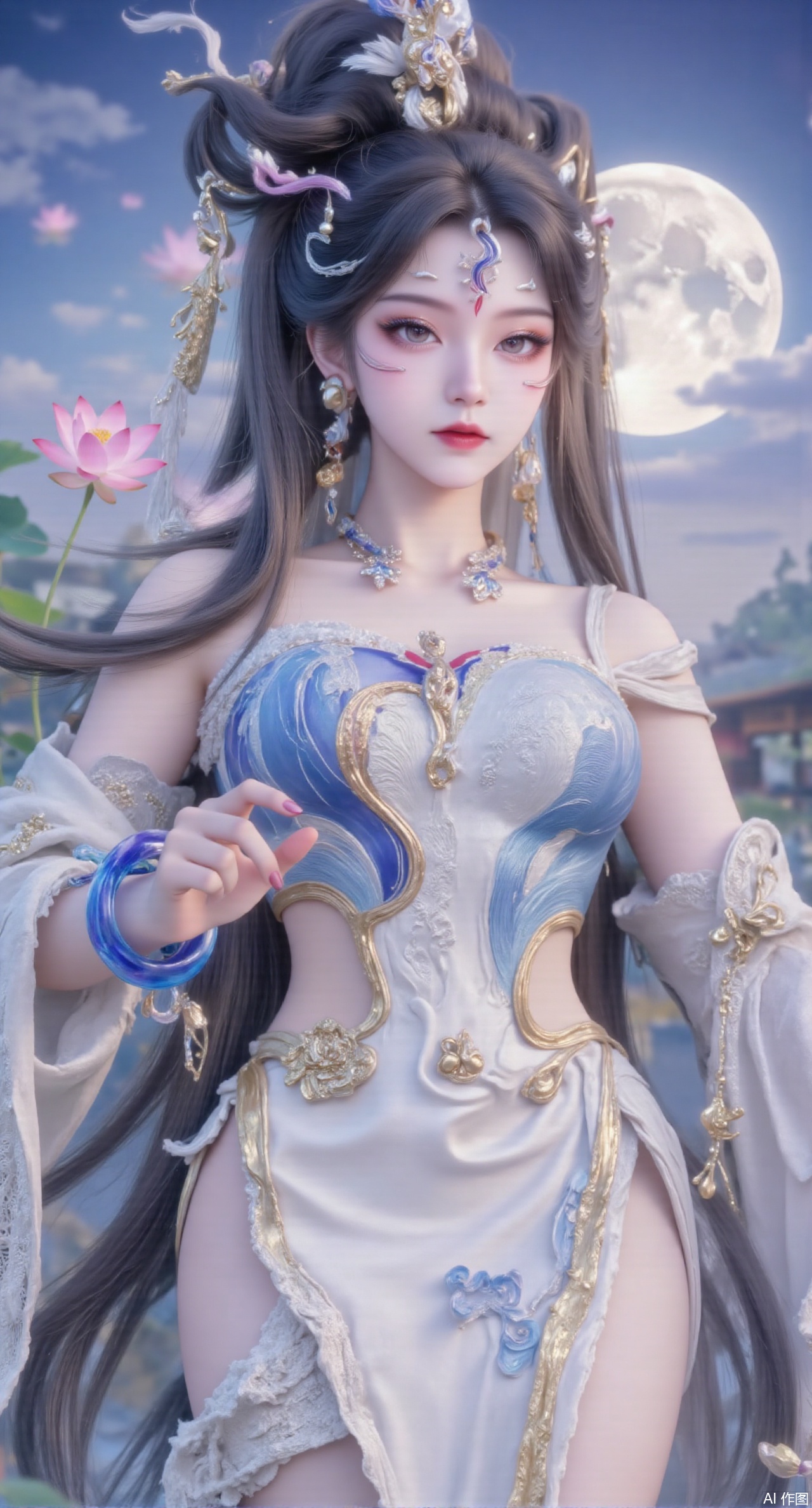 (masterpiece, best quality:1.2),1girl, navel, solo, midriff, bare shoulders, hair ornament,(long hair),(High double ponytail:1.49), red lips, BREAK, (looking at viewer:1.39), chinese clothes,(long dress:1.36), (lace:1.28), BREAK,blurry, solo focus, long hair, lips, daytime, lipstick, outdoors, standing,upper body,(huge breasts:2.99), (full breasts:2.99),background, solo, makeup,Xyunxiao,(Lotus,Water Lily,Blue sky,full moon:1.39),(Lotus pond,ancient Chinese architecture:1.39),Xmupeiling,XsongyuYK,XqiyueFHK,XheguangzhefandiYK,XxiaobaiNZYK,XlimuwanJCBYK,XmeijiK,XzhouruK,Xjinniang,Xliangpianqun,Xyinggou,Xfeitianwunv,XnangongxierK,Xbaiyuekuishouban,Xnvwashenian,XmupeilingY