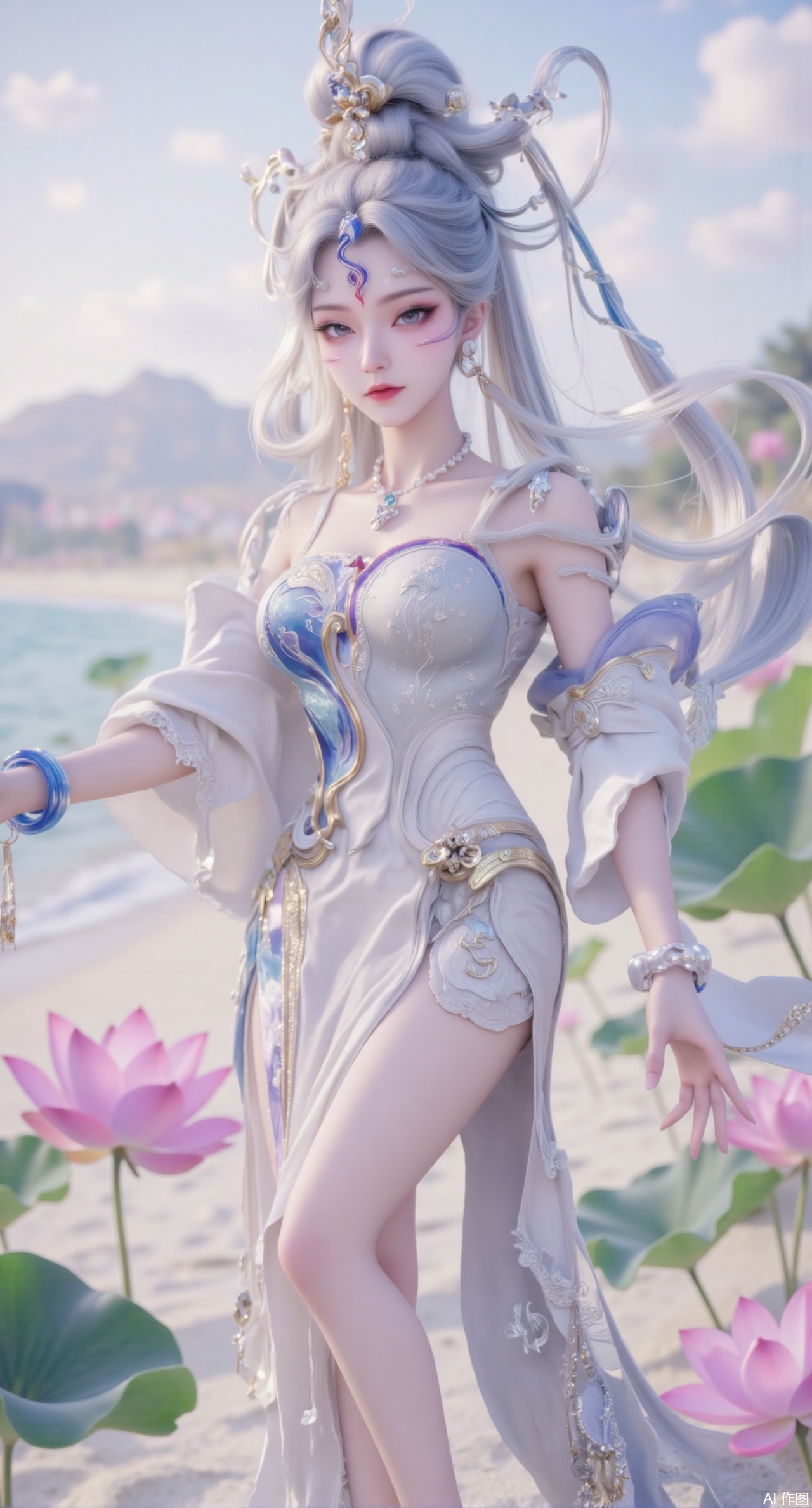 (masterpiece:1.2),best quality,(UE5.5,rendered with Unreal Engine 5,Unreal Engine 5,CG rendering:1.1),original,extremely detailed wallpaper,perfect lighting,1girl,solo,standing,(huge breasts:2.69),(full breasts:2.59),,looking at viewer,(cowboy_shot:1.1),long hair,high heels,blurry background,depth of field,motion blur,long dress,china_dress,chinese_style,bare shouders,crystal_earrings,headpiece,hair_tie,chest_jewel,gem,necklace,jewelry,in summer,day,outdoors,nature,sea,(rose,beach:1.49),(huge breasts:2.99),(full breasts:2.99),,(Background with lotus pond and pink lotus flowers:1.39),,Xmupeiling,XsongyuYK,XqiyueFHK,XheguangzhefandiYK,XxiaobaiNZYK,XlimuwanJCBYK,XmeijiK,XzhouruK,Xjinniang,Xliangpianqun,Xyinggou,Xfeitianwunv,XnangongxierK