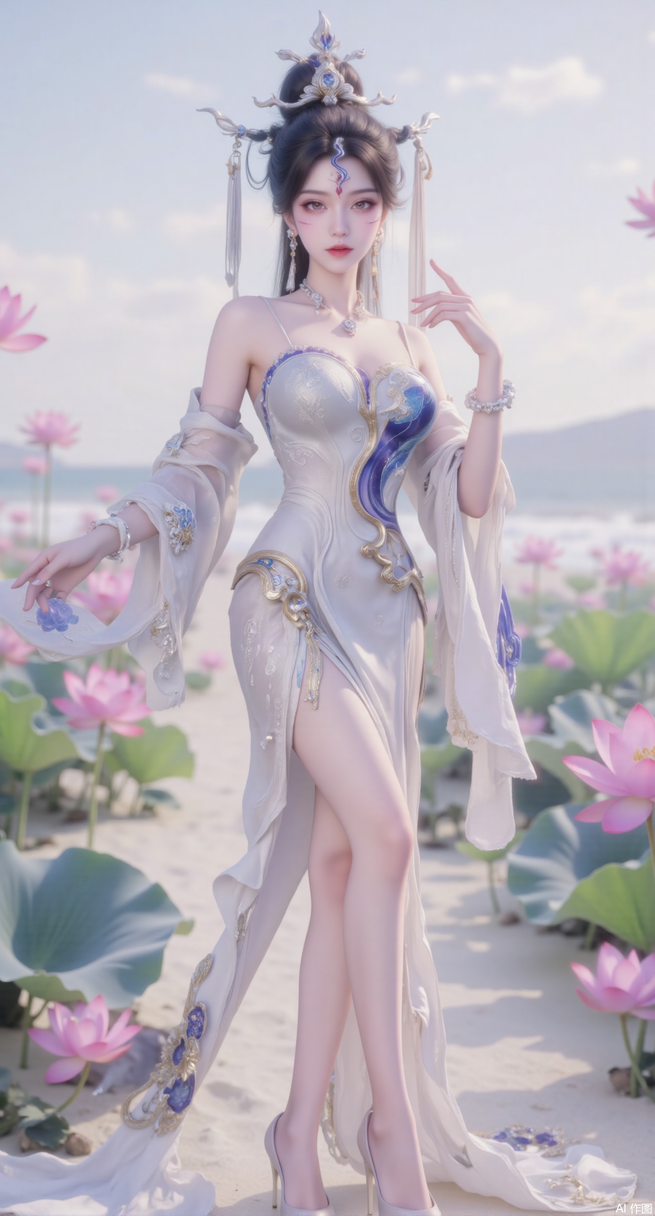 (masterpiece:1.2),best quality,(UE5.5,rendered with Unreal Engine 5,Unreal Engine 5,CG rendering:1.1),original,extremely detailed wallpaper,perfect lighting,1girl,solo,standing,(huge breasts:2.69),(full breasts:2.59),,looking at viewer,(cowboy_shot:1.1),long hair,high heels,blurry background,depth of field,motion blur,long dress,china_dress,chinese_style,bare shouders,crystal_earrings,headpiece,hair_tie,chest_jewel,gem,necklace,jewelry,in summer,day,outdoors,nature,sea,(rose,beach:1.49),(huge breasts:2.99),(full breasts:2.99),,(Background with lotus pond and pink lotus flowers:1.39),,Xmupeiling,XsongyuYK,XqiyueFHK,XheguangzhefandiYK,XxiaobaiNZYK,XlimuwanJCBYK,XmeijiK,XzhouruK,Xjinniang,Xliangpianqun,Xyinggou,Xfeitianwunv,XnangongxierK