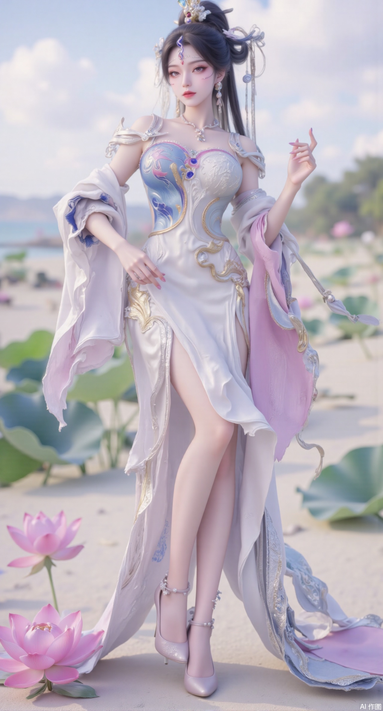 (masterpiece:1.2),best quality,(UE5.5,rendered with Unreal Engine 5,Unreal Engine 5,CG rendering:1.1),original,extremely detailed wallpaper,perfect lighting,1girl,solo,standing,(huge breasts:2.69),(full breasts:2.59),,looking at viewer,(cowboy_shot:1.1),long hair,high heels,blurry background,depth of field,motion blur,long dress,china_dress,chinese_style,bare shouders,crystal_earrings,headpiece,hair_tie,chest_jewel,gem,necklace,jewelry,in summer,day,outdoors,nature,sea,(rose,beach:1.49),(huge breasts:2.99),(full breasts:2.99),,(Background with lotus pond and pink lotus flowers:1.39),,Xmupeiling,XsongyuYK,XqiyueFHK,XheguangzhefandiYK,XxiaobaiNZYK,XlimuwanJCBYK,XmeijiK,XzhouruK,Xjinniang,Xliangpianqun,Xyinggou,Xfeitianwunv,XnangongxierK