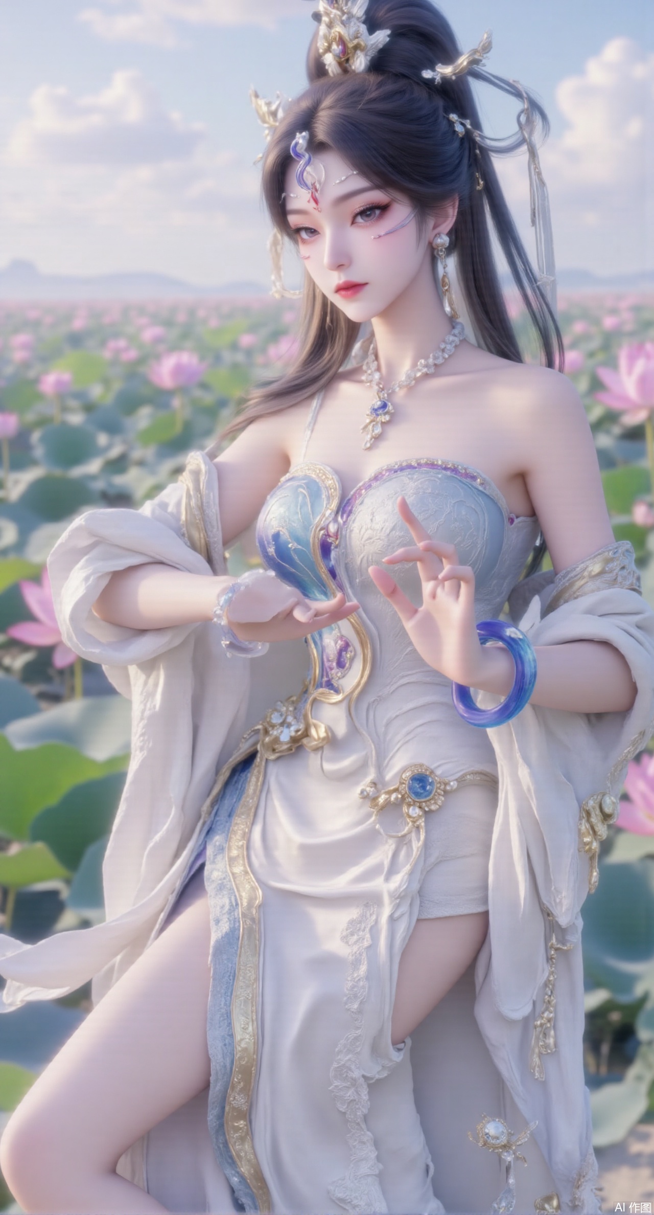 (masterpiece:1.2),best quality,(UE5.5,rendered with Unreal Engine 5,Unreal Engine 5,CG rendering:1.1),original,extremely detailed wallpaper,perfect lighting,1girl,solo,standing,(huge breasts:2.69),(full breasts:2.59),,looking at viewer,(cowboy_shot:1.1),long hair,high heels,blurry background,depth of field,motion blur,long dress,china_dress,chinese_style,bare shouders,crystal_earrings,headpiece,hair_tie,chest_jewel,gem,necklace,jewelry,in summer,day,outdoors,nature,sea,(rose,beach:1.49),(huge breasts:2.99),(full breasts:2.99),,(Background with lotus pond and pink lotus flowers:1.39),,Xmupeiling,XsongyuYK,XqiyueFHK,XheguangzhefandiYK,XxiaobaiNZYK,XlimuwanJCBYK,XmeijiK,XzhouruK,Xjinniang,Xliangpianqun,Xyinggou,Xfeitianwunv,XnangongxierK,Xbaiyuekuishouban,Xnvwashenian,XmupeilingY