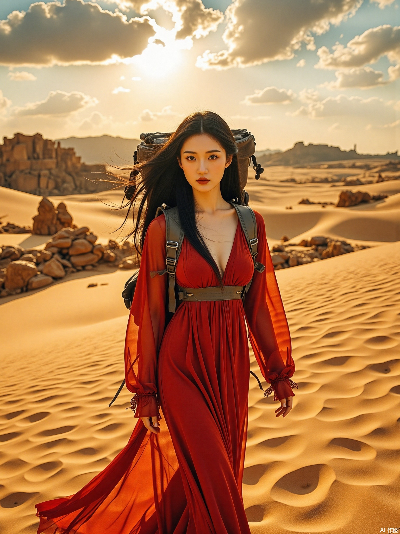 Chinese beauty, plump breasts, super realistic photos, master composition, realistic photography style, 8k resolution, high definition, visual impact, depth of field,
Aerial shooting, 8K ultra-clear picture quality, epic grand scenes, presenting the boundless golden desert. The immersive perspective of being on the spot creates a realistic sense of presence. Precise composition, rule of thirds composition, guiding the visual focus; Dynamic upward Angle shooting to enhance the imposing presence of the character; The narrative style of the film is full of story tension in the shots. A Chinese woman around 30 years old, with long straight black hair, dressed in a flowing red long dress, with a resolute expression, carrying an adventure backpack and walking forward. Sunlight falls on the sand dunes, with interplay of light and shadow, delicately depicting the texture of each grain of sand. The ancient ruins faintly visible in the distance add to the mysterious atmosphere. Strong color contrasts and rich environmental details create a stunning visual effect.