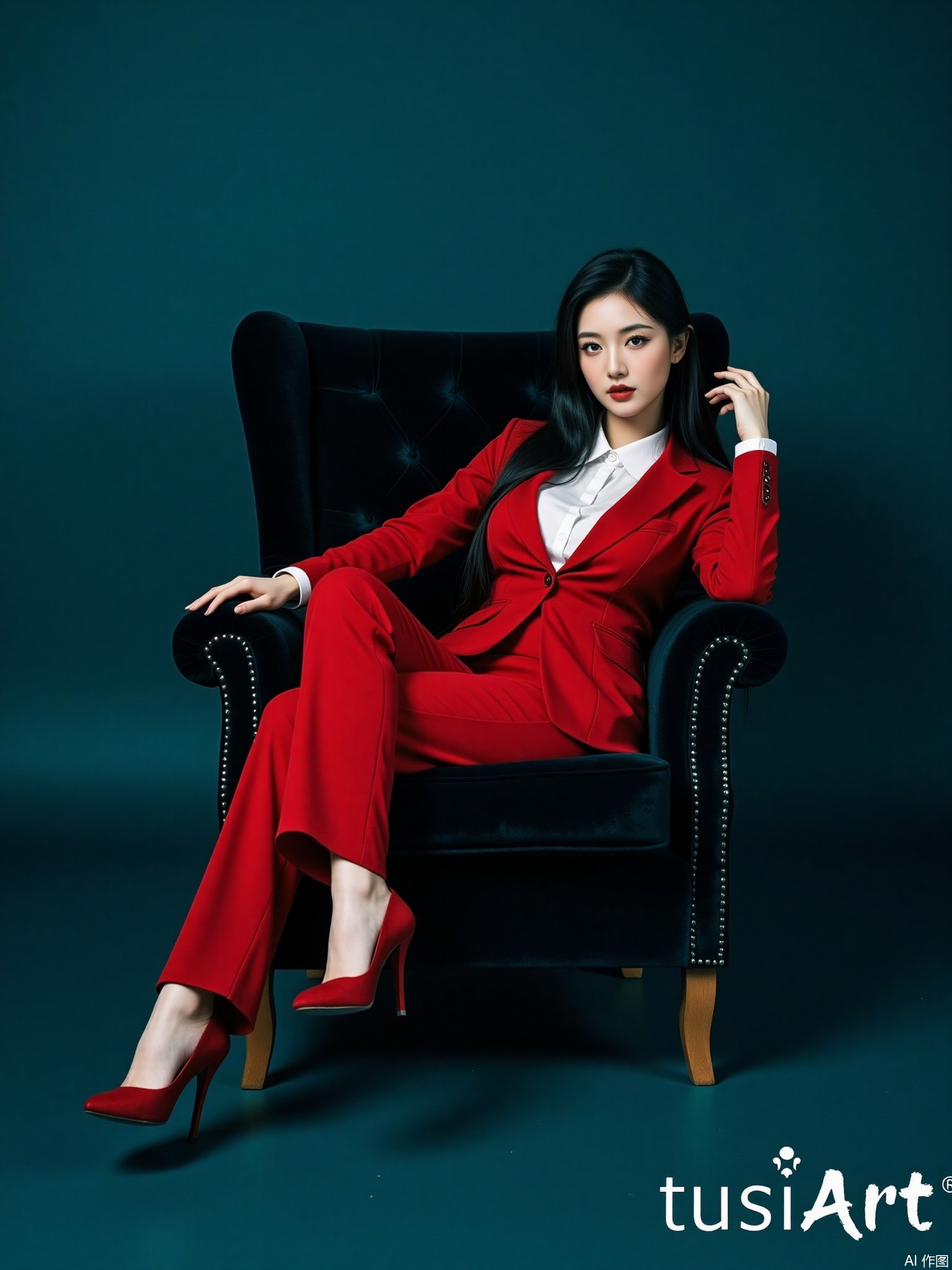 Chinese beauty, plump breasts, super realistic photos, master composition, realistic photography style, 8k resolution, high definition, visual impact, depth of field,
The image features a woman seated in an elegant pose on a velvet armchair. The portrayal is striking,presenting a contrast of bold red against a monochromatic teal backdrop,which is complemented by the chair's upholstery. The woman is dressed in a chic red suit with a white collared shirt,and her red high-heeled shoes reflect the color of her attire,creating a harmonious yet vivid color palette. Her expression is calm and contemplative with a hint of confidence; her lips are painted a matching red,and her long dark hair frames her face. The woman's pose—leaning slightly back with one arm resting on the armchair and legs crossed—exudes a sense of poise and self-assuredness. The overall composition of the image,with its synchronization of colors and the subject's composed demeanor,gives off an air of stylish sophistication and contemporary elegance.,The word "tusiart" is written in a casual,handwritten style in white at the bottom right corner of the image,suggesting a title or theme. The overall aesthetic of the photograph is sophisticated and stylish,with a hint of elegance and modernity.
