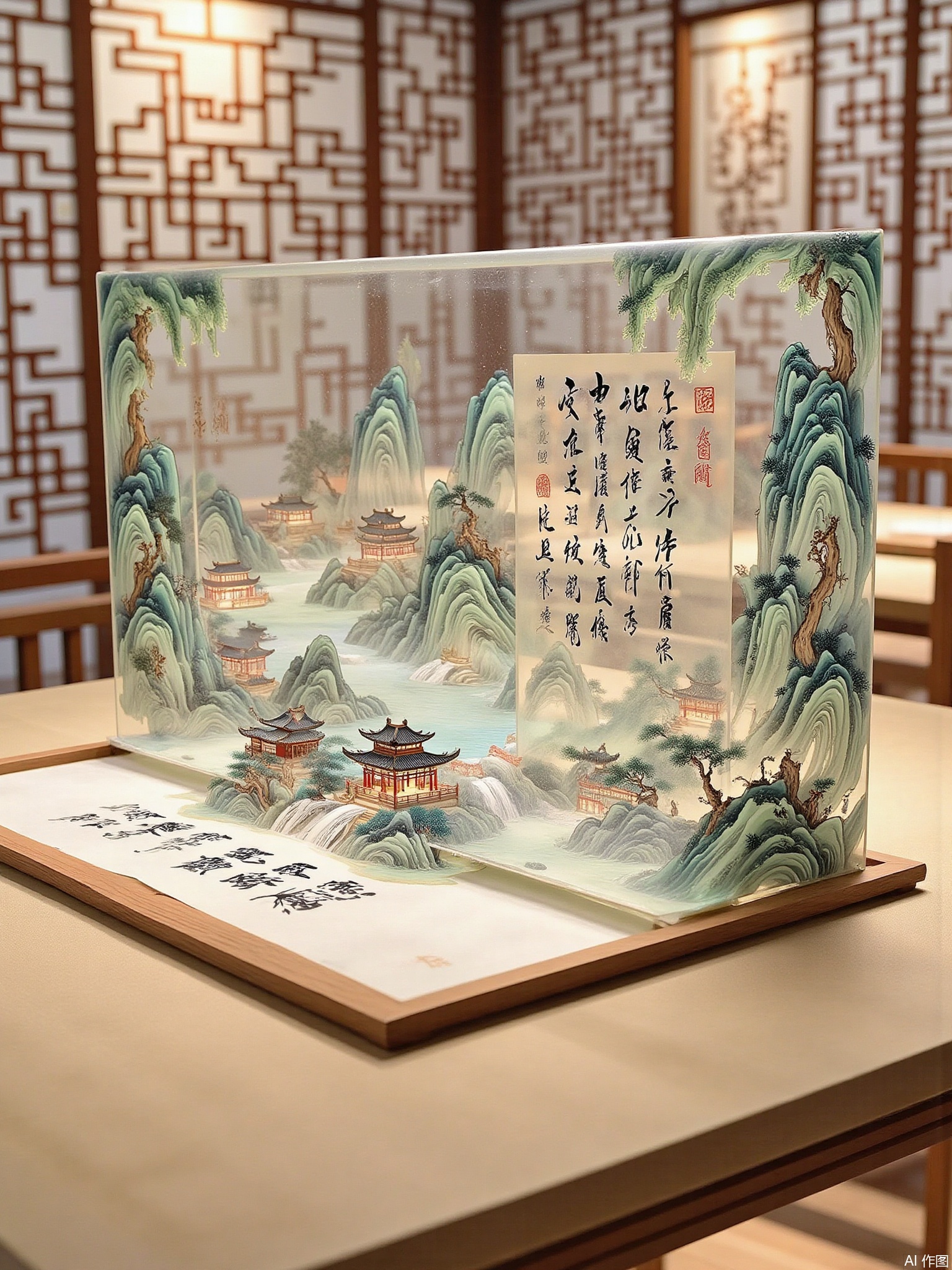 painting \(object\), architecture, east asian architecture, no humans, scenery, lattice, tree, statue, water, chinese text, scroll