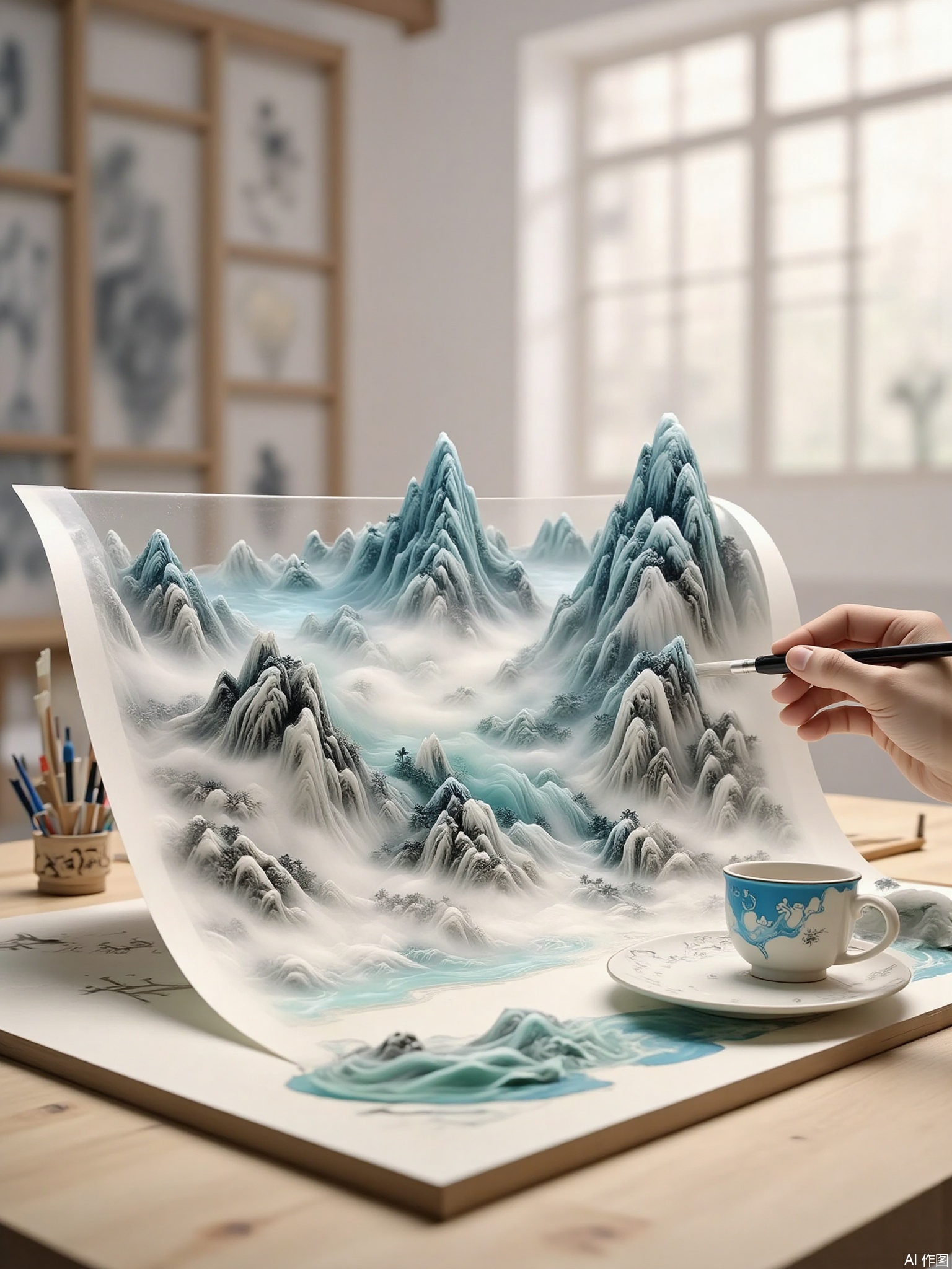 painting \(object\), mountain, scenery, cup, window, blurry, paintbrush, indoors