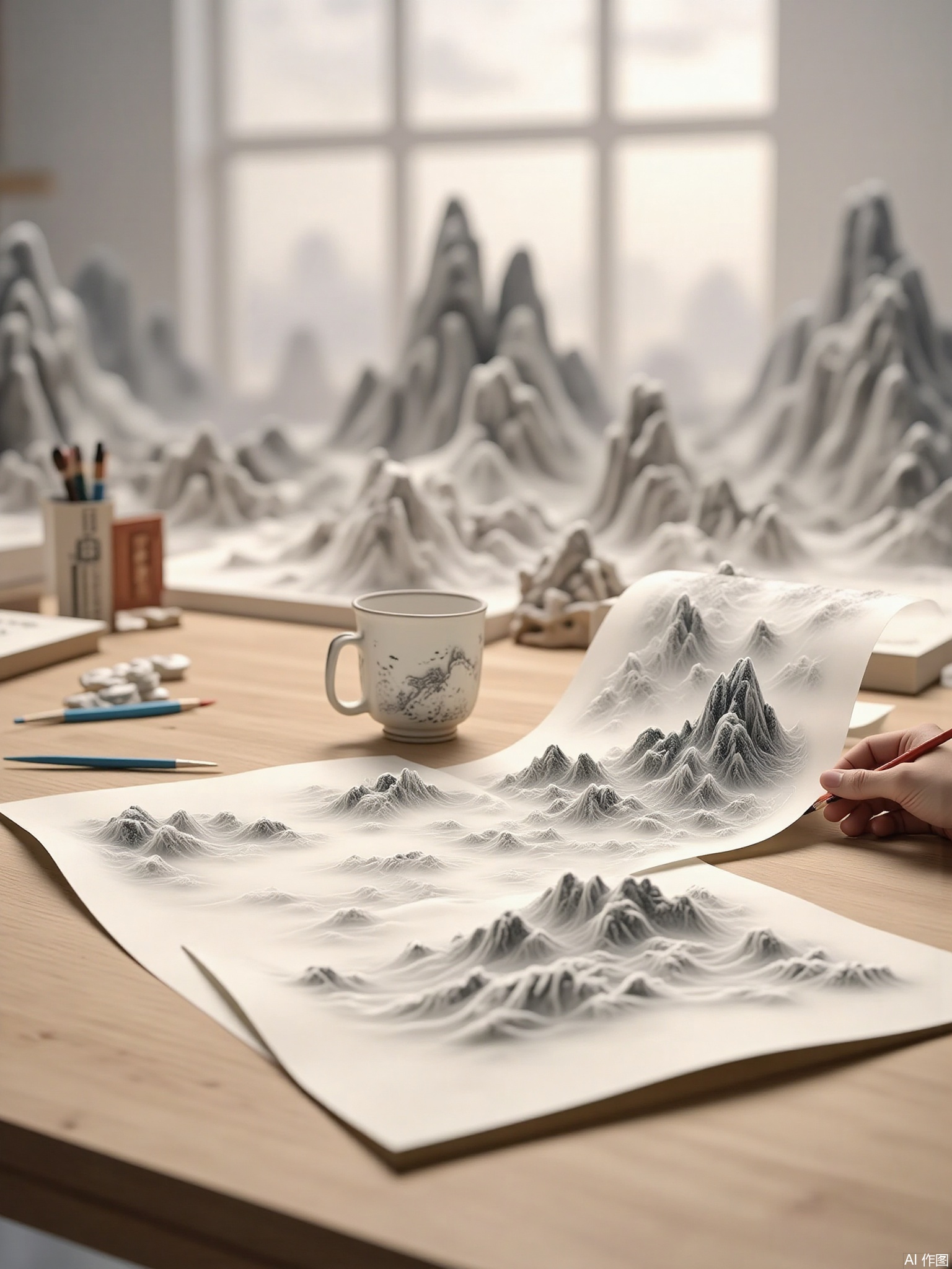 painting \(object\), mountain, scenery, cup, window, blurry, paintbrush, indoors