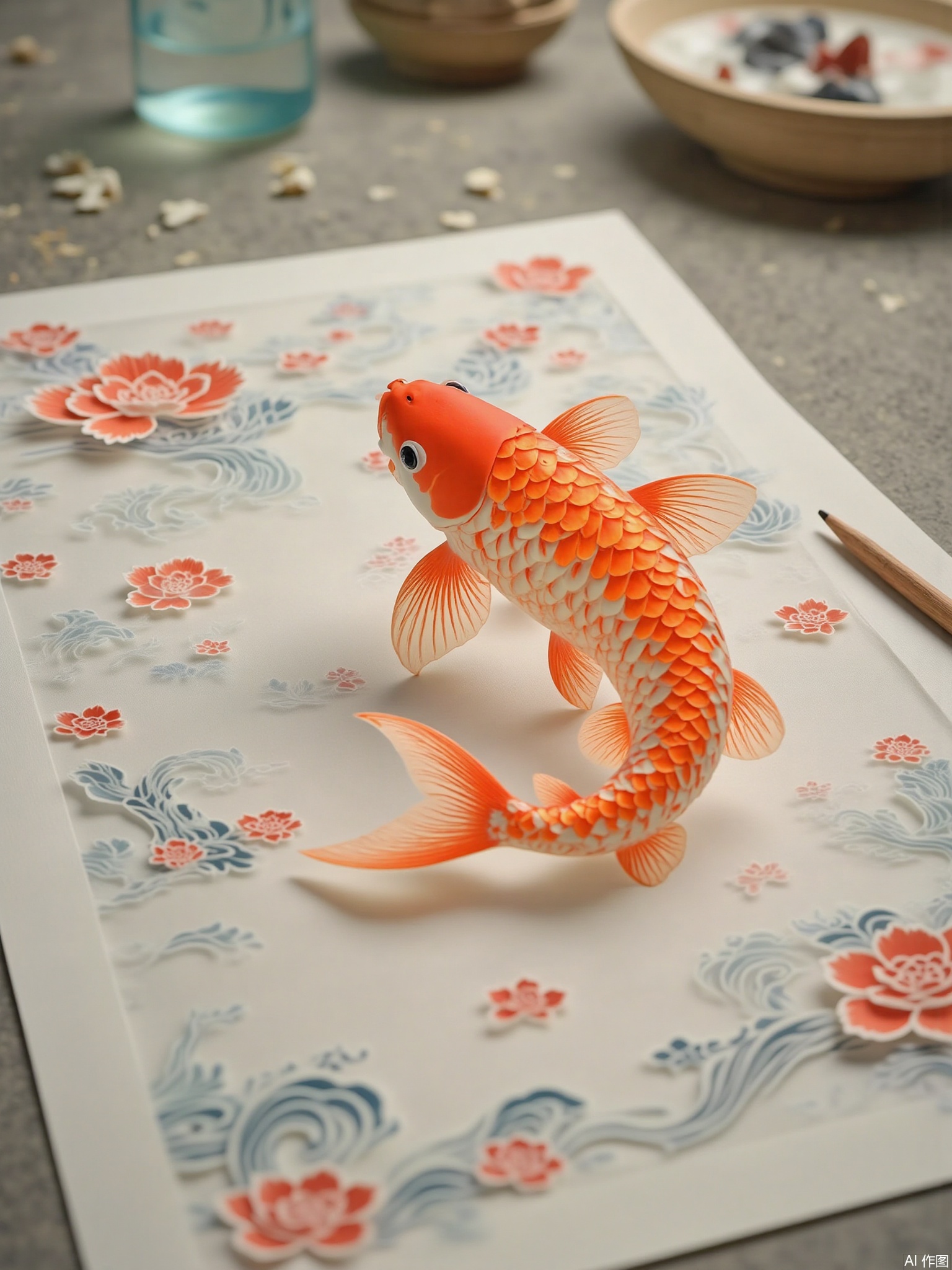 painting \(object\), goldfish, koi, animal, blurry