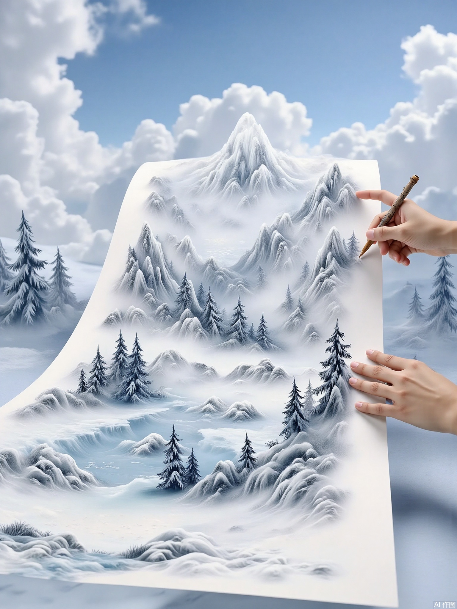 painting \(object\), mountain, snow, scenery, outdoors, tree, winter, cloud, holding, sky