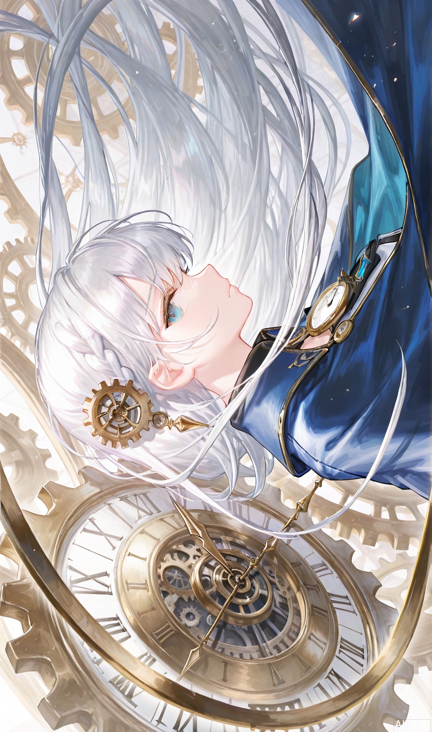 1girl, solo, long hair, looking at viewer, bangs, hair ornament, upper body, braid, white hair, cape, from side, profile, floating hair, wind, clock, blue cape, gears, roman numeral