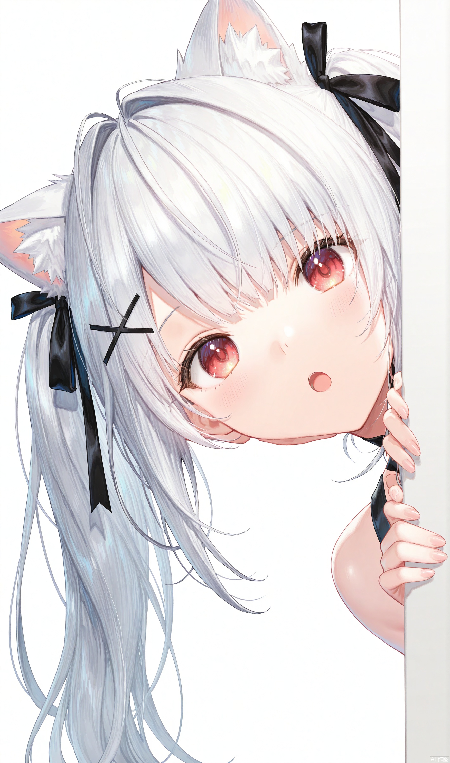 1girl, solo, long hair, looking at viewer, open mouth, bangs, simple background, hair ornament, red eyes, white background, ribbon, animal ears, twintails, hair ribbon, white hair, virtual youtuber, cat ears, :o, animal ear fluff, black ribbon, x hair ornament, peeking out