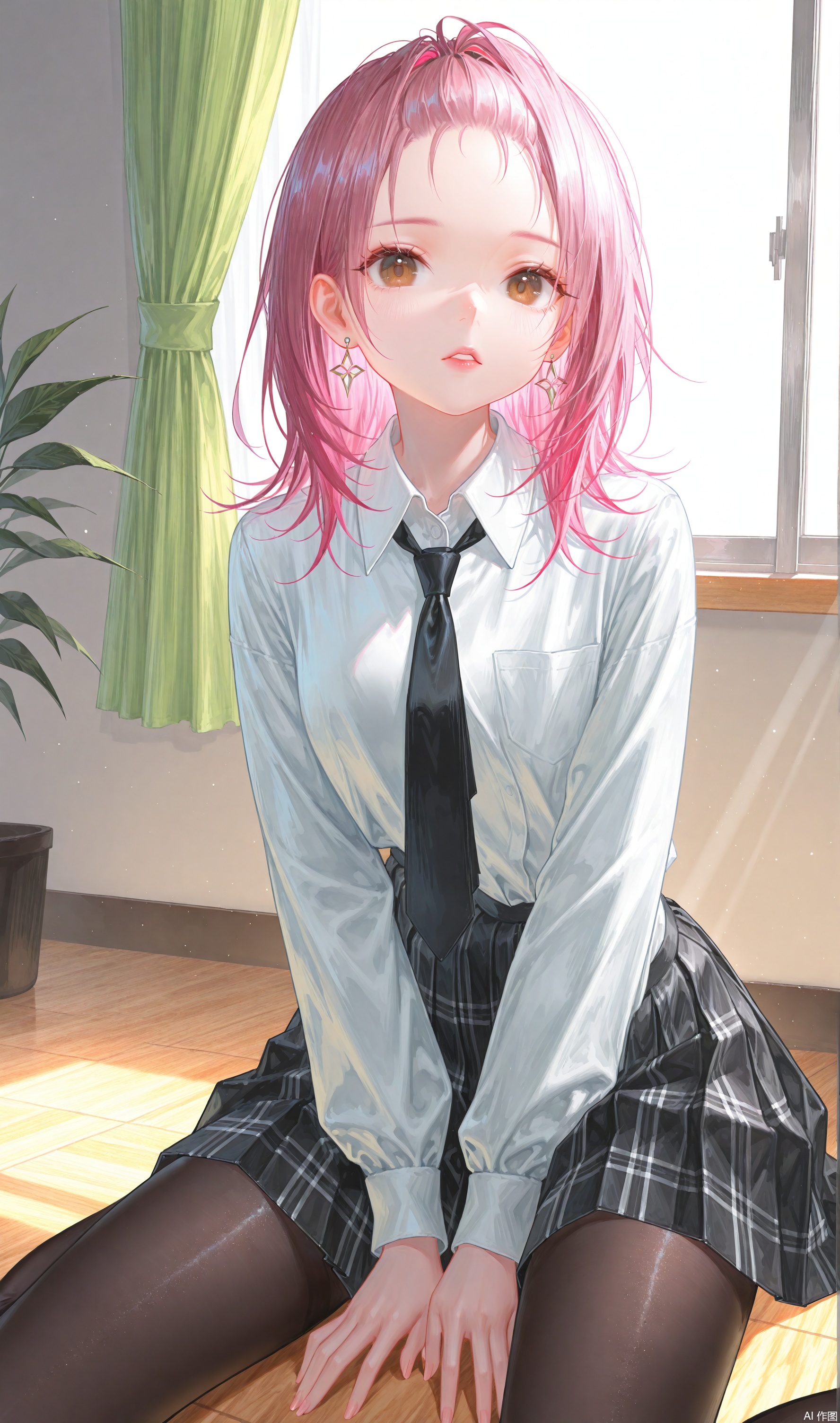 1girl, solo, skirt, pantyhose, shirt, necktie, pink hair, window, sitting, on floor, looking at viewer, indoors, jewelry, school uniform, earrings, collared shirt, between legs, plaid, long hair, hand between legs, black pantyhose, black necktie, plaid skirt, long sleeves, curtains, white shirt, sunlight, pleated skirt, lips, forehead, brown eyes, day, black skirt, medium hair, fqx, yunyouyou, yuechan, xiaowu