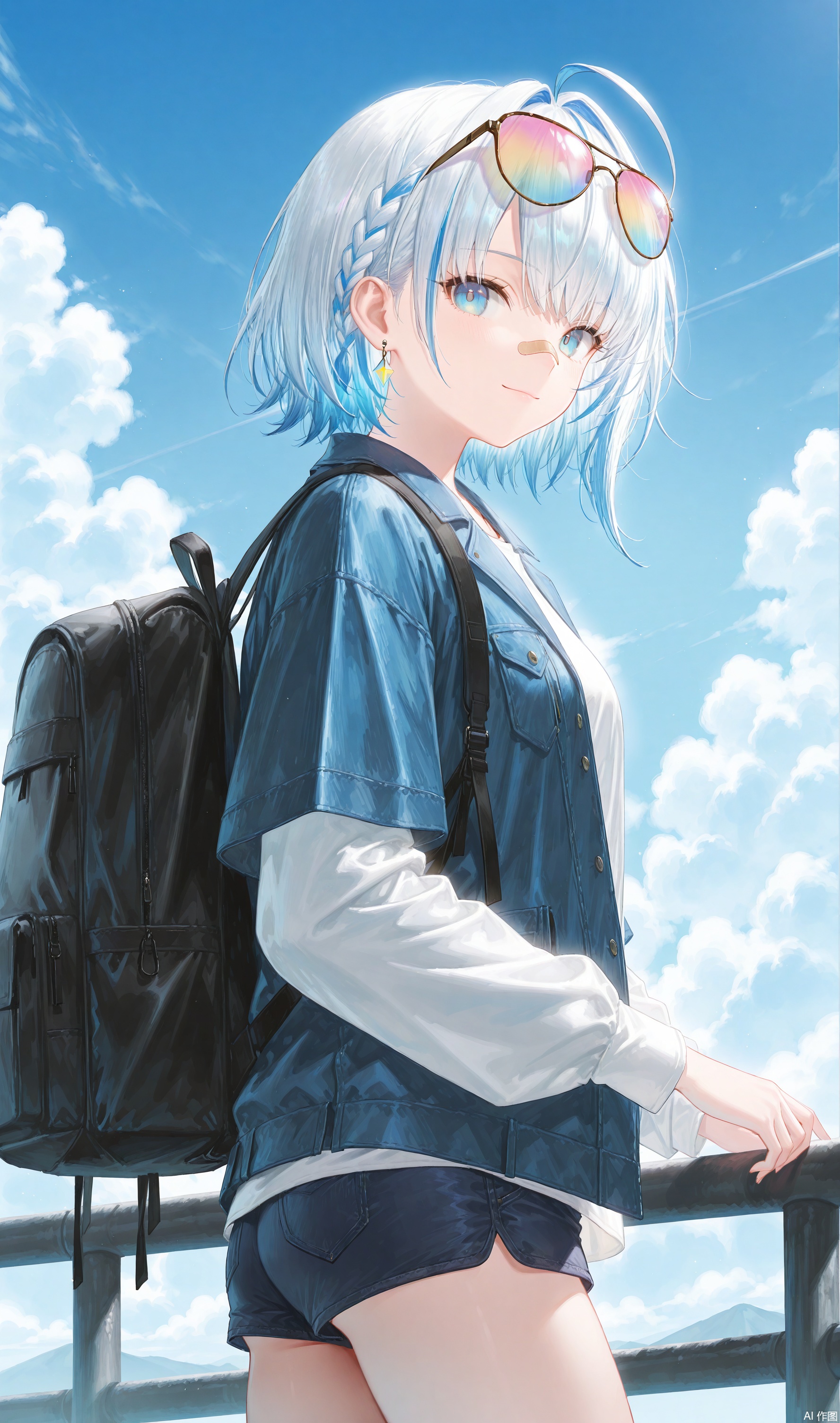 1girl, solo, looking at viewer, smile, short hair, bangs, blue eyes, shirt, long sleeves, jewelry, closed mouth, blue hair, jacket, white shirt, braid, ahoge, white hair, multicolored hair, earrings, outdoors, sky, shorts, day, cloud, bag, from side, two-tone hair, blue sky, looking to the side, sunglasses, backpack, blue jacket, bandaid, eyewear on head, bandaid on face, tinted eyewear, short over long sleeves, bandaid on nose
