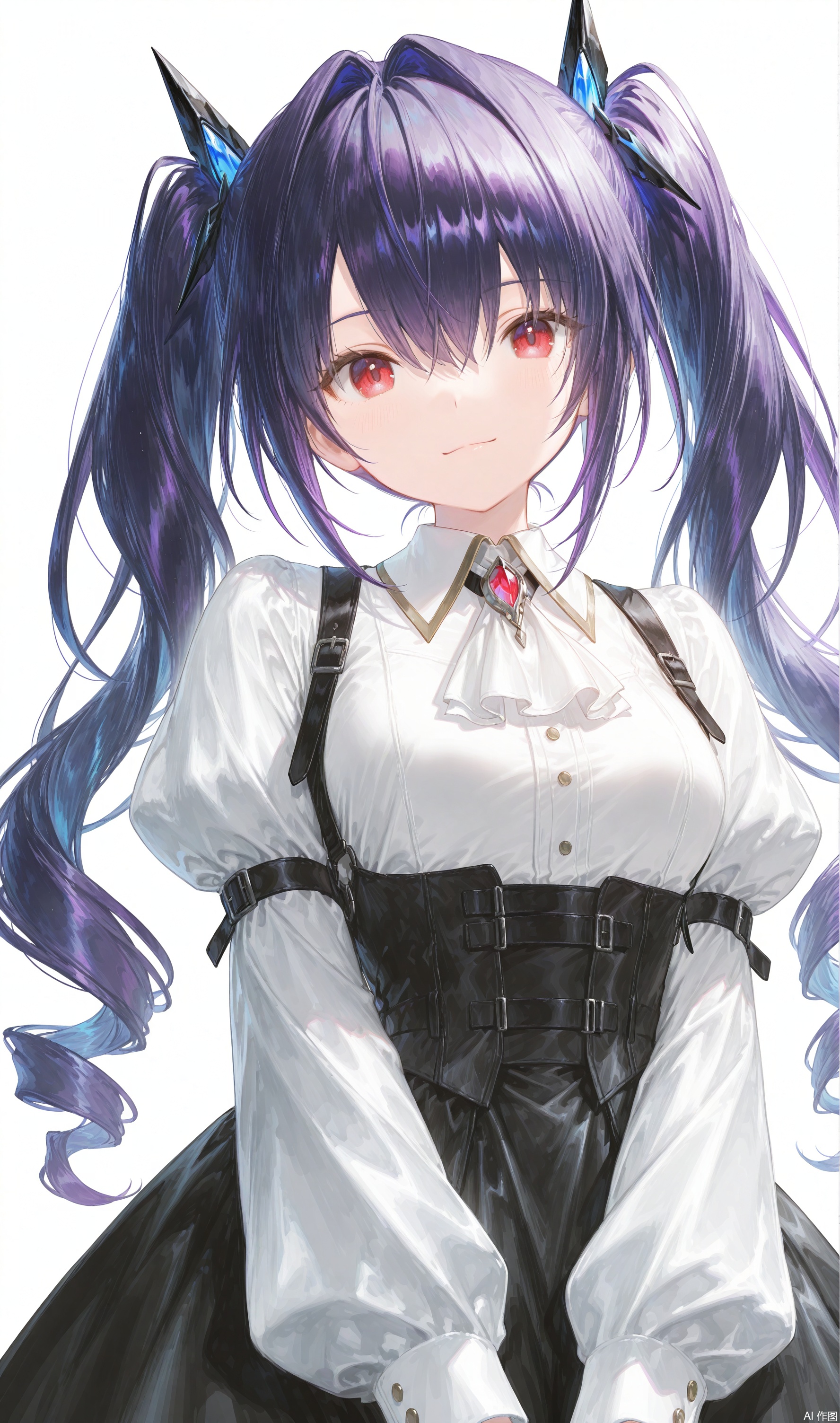 1girl, solo, long hair, breasts, looking at viewer, smile, bangs, skirt, simple background, shirt, hair ornament, red eyes, long sleeves, white background, dress, hair between eyes, twintails, closed mouth, blue hair, white shirt, upper body, purple hair, puffy sleeves, black skirt, black dress, ascot, drill hair, twin drills, high-waist skirt, underbust, white ascot