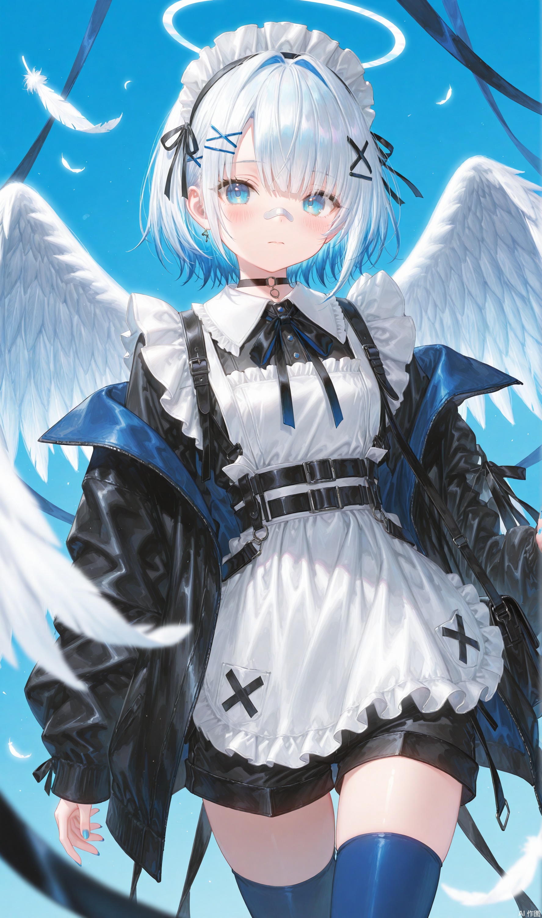 1girl, solo, looking at viewer, blush, short hair, bangs, blue eyes, hair ornament, thighhighs, long sleeves, ribbon, closed mouth, blue hair, jacket, white hair, multicolored hair, hairband, frills, wings, shorts, choker, hairclip, off shoulder, bag, nail polish, blurry, apron, open jacket, black jacket, maid, maid headdress, black ribbon, neck ribbon, depth of field, blue background, eyepatch, x hair ornament, white apron, bandaid, feathered wings, blue nails, frilled apron, angel wings, blurry foreground, bandaid on face, blue thighhighs, bandaid on nose