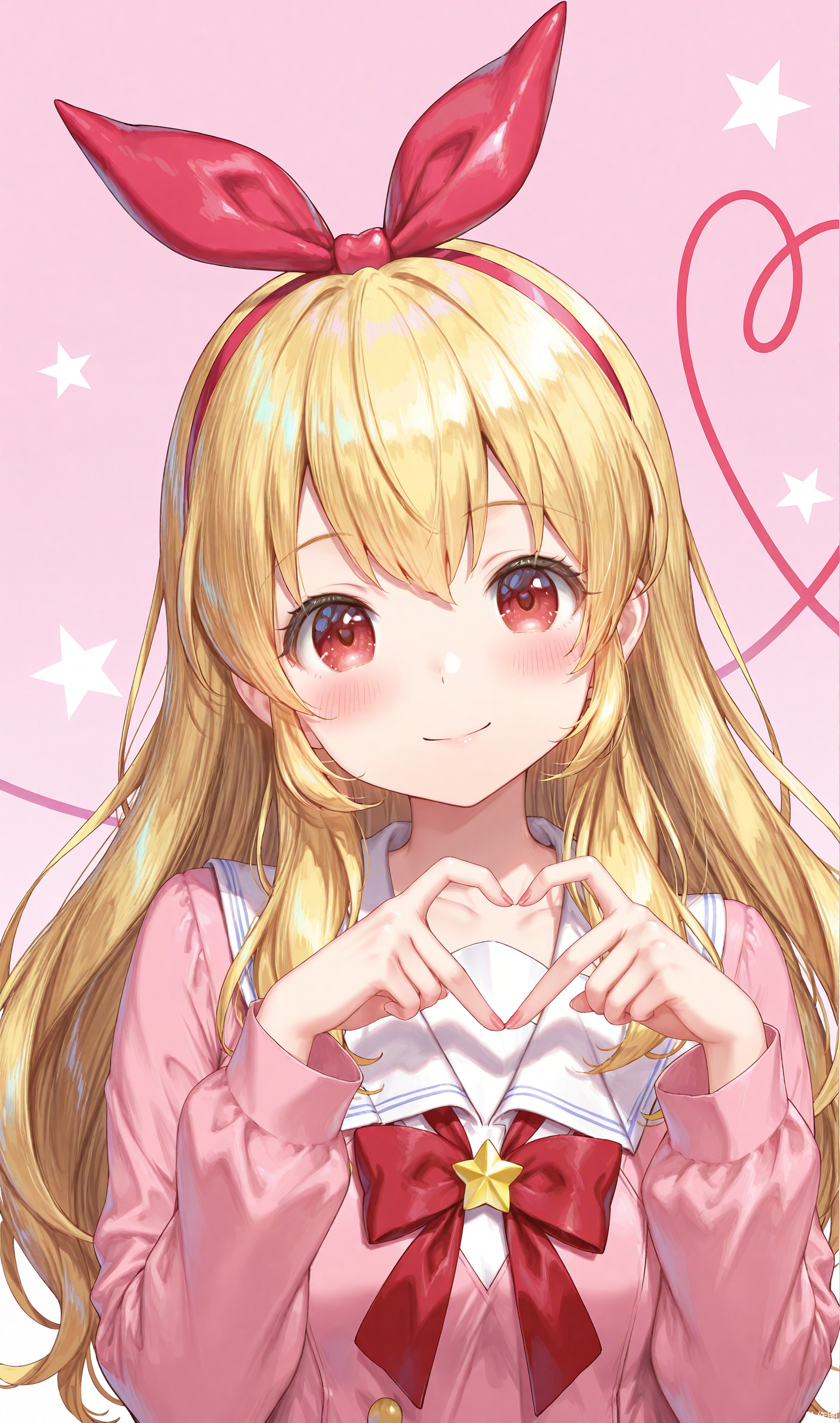1girl, hoshimiya ichigo, solo, heart hands, blonde hair, long hair, heart, smile, looking at viewer, red eyes, hairband, upper body, school uniform, blush, ribbon, star (symbol), long sleeves, bow, pink background, closed mouth, heart of string