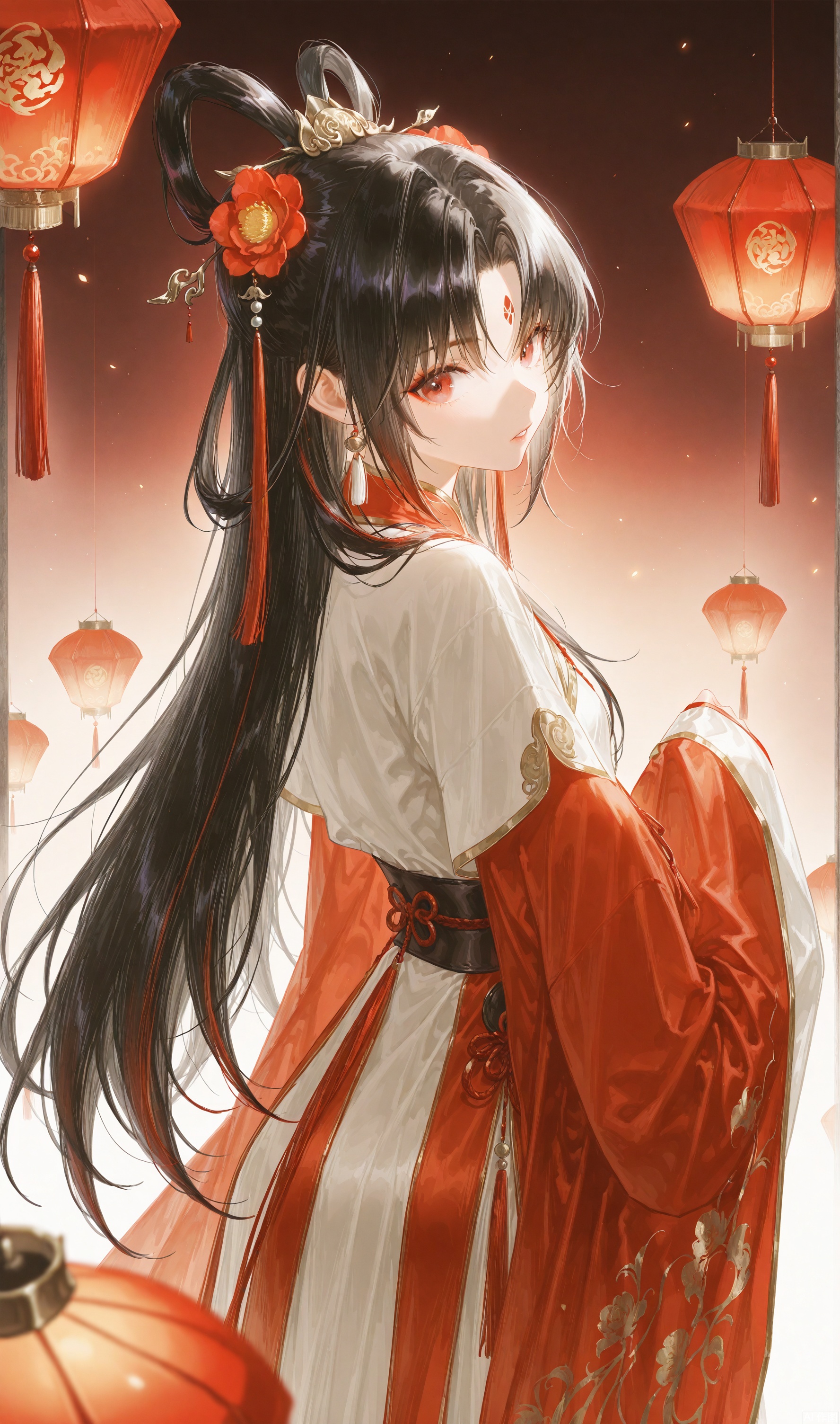 An ancient China girl, dressed in China ancient Hanfu, hung with red, China red and red lanterns, was photographed from the side, all over her body, her hair stuck and her hair flowered.