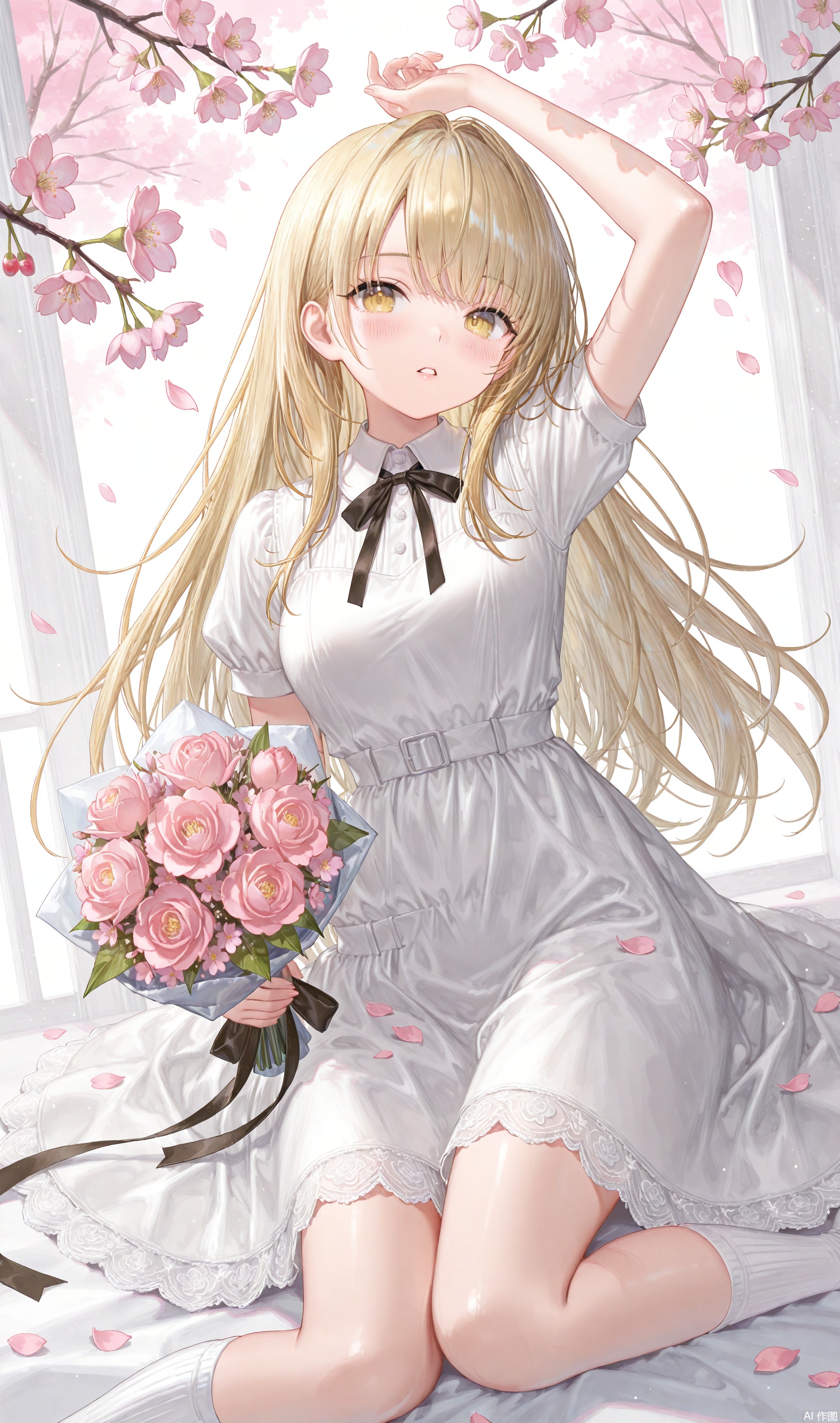 1girl, solo, long hair, breasts, looking at viewer, blush, bangs, blonde hair, dress, ribbon, holding, sitting, yellow eyes, flower, short sleeves, parted lips, socks, white dress, arm up, petals, white socks, cherry blossoms, pink flower, bouquet, holding bouquet