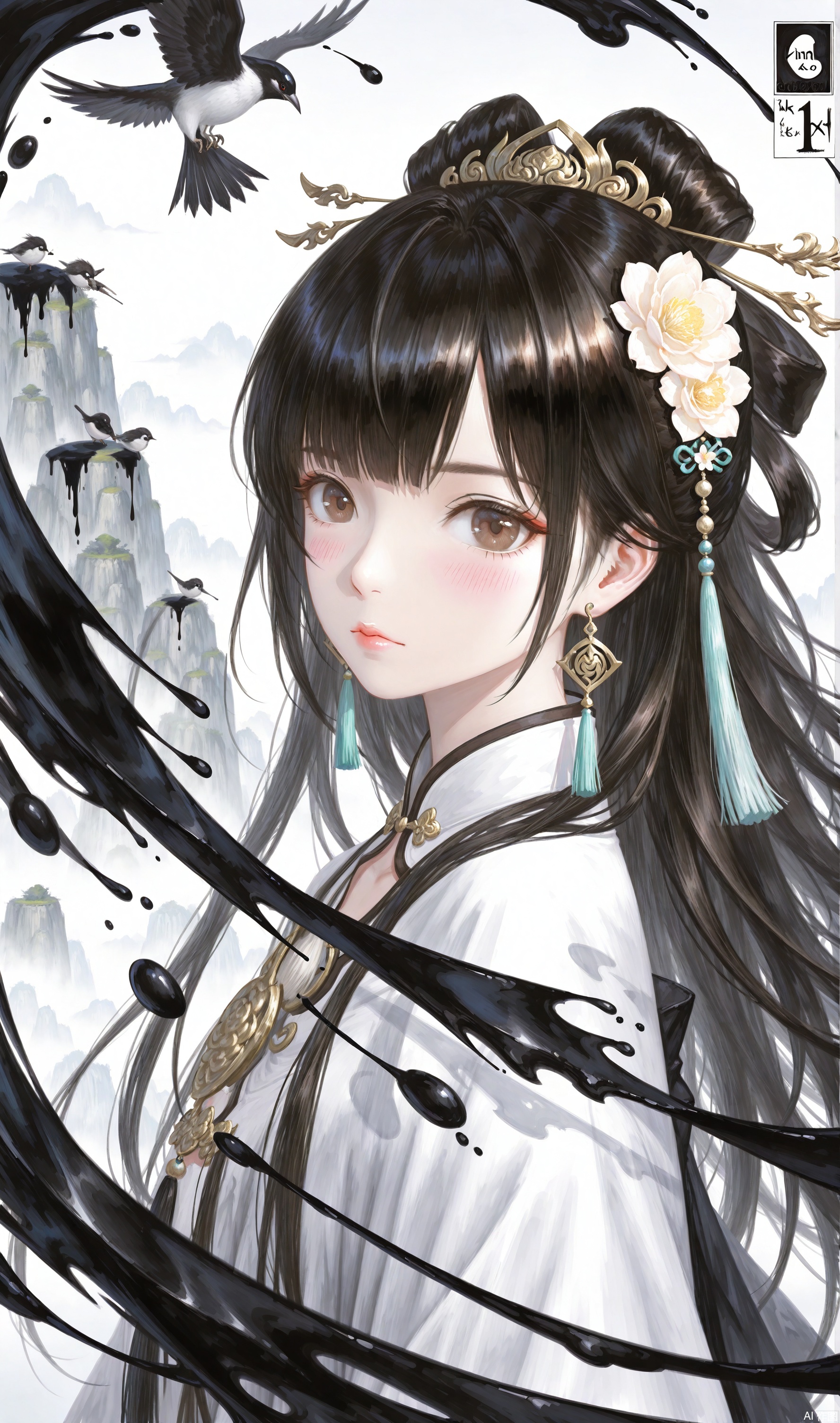  Ancient Art Style, Ink Painting, Traditional Chinese Painting, (Ink Style1:4), (Splash Ink Painting), 1girl, solo, long hair, looking at viewer, blush, bangs, black hair, hair ornament, white background, brown eyes, jewelry, closed mouth, upper body, flower, earrings, hair flower, from side, lips, bird, chinese clothes, tassel,(Ink style),Hazy, xinyue,the whole body,Flowing hair, chinese Landscape painting