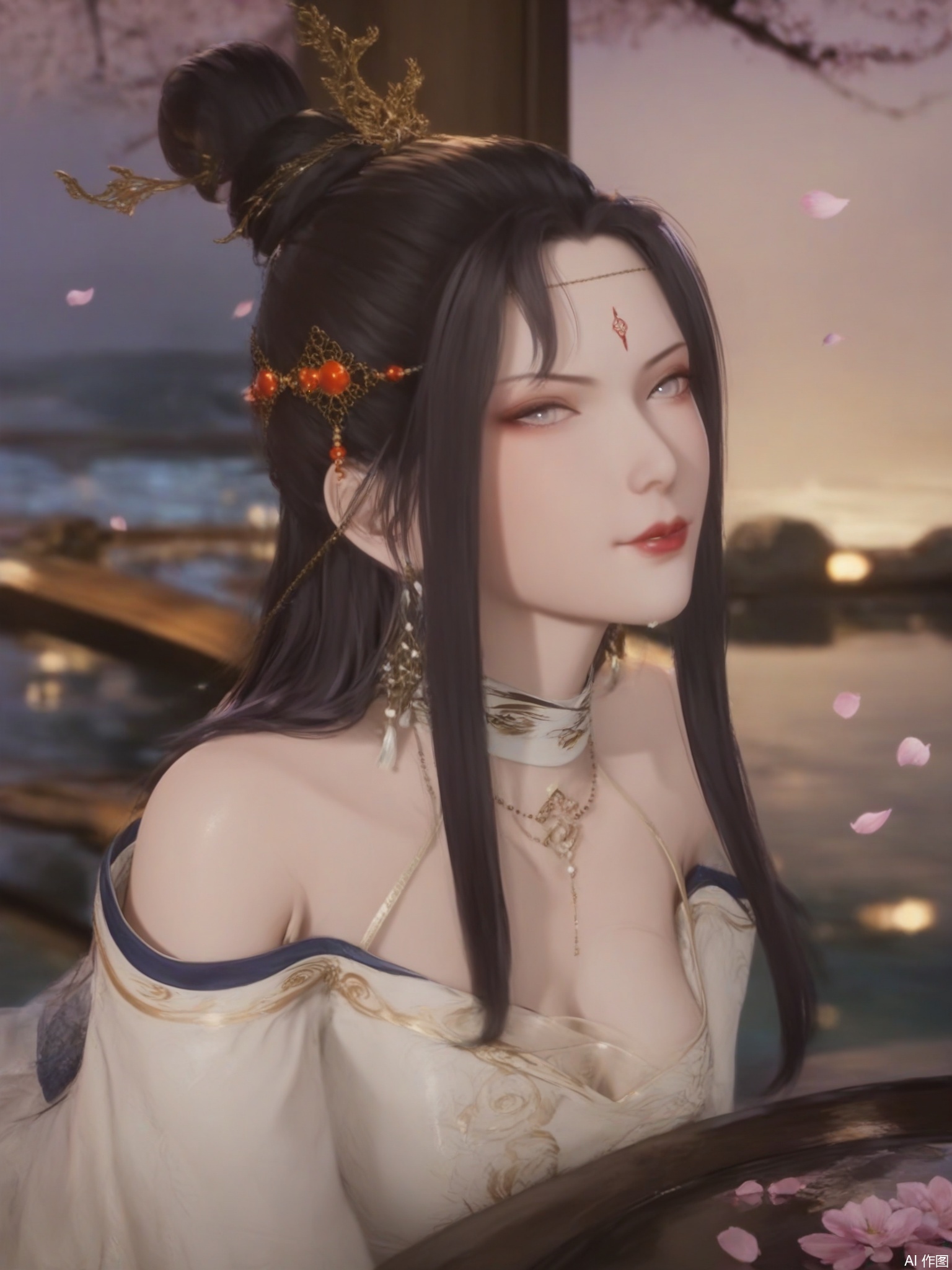 score_9,score_8_up,score_7_up,1girl,looking_at_viewer,realistic,1girl,Vivid Colors,bright environment,delicate water,hair_ornament,shiny skin,shiny hair,reflection,(wariza:1.2),white dress,jewelry,flower sea,falling petals,extreme detail description,(upper body:0.4),put one hand on your side,long_hair,(skindentation:1.3),Fishnet stockings,bright,sunshine on face,chinese_clothes,forehead mark, single hair bun,