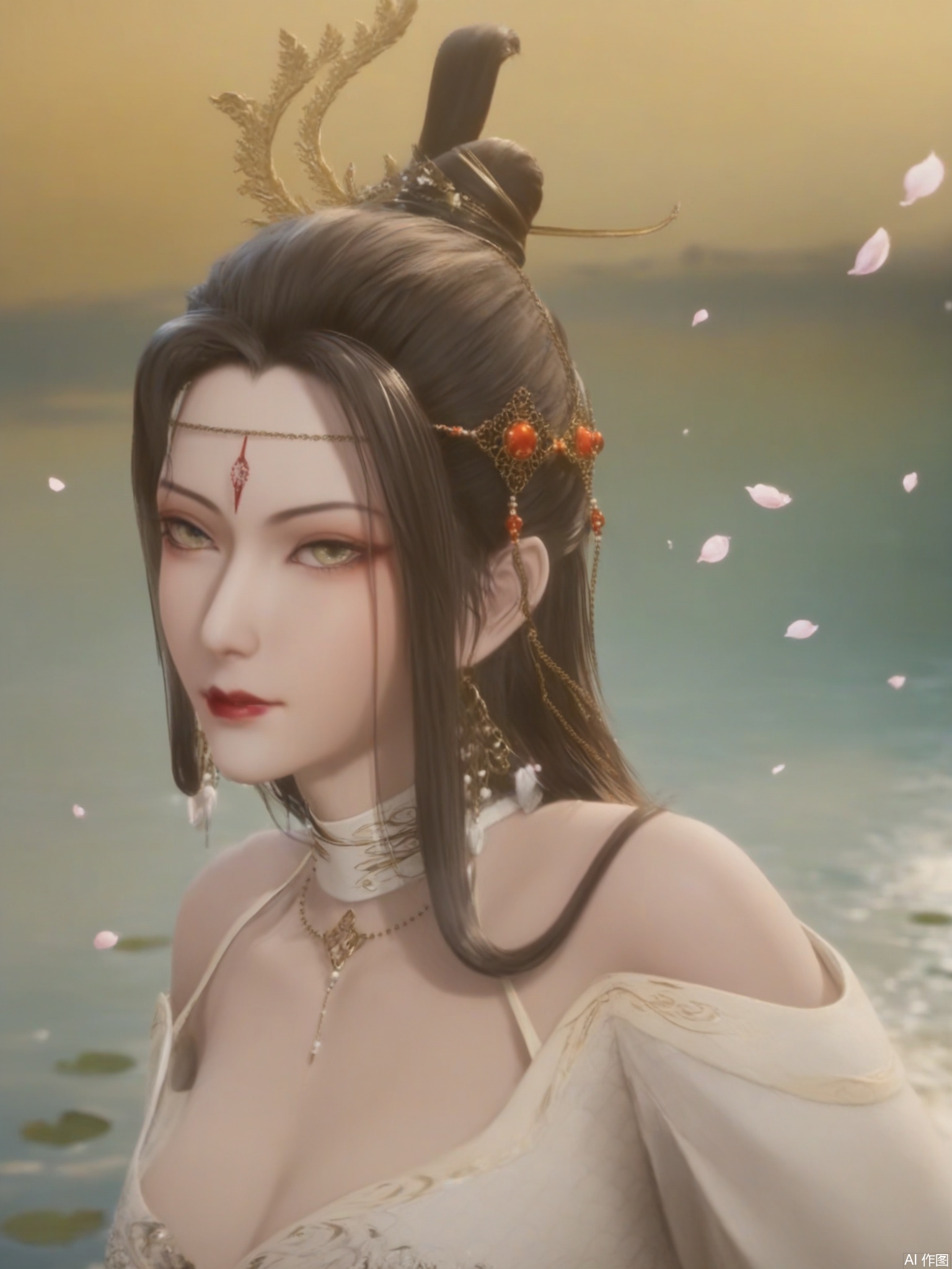 score_9,score_8_up,score_7_up,1girl,looking_at_viewer,realistic,1girl,Vivid Colors,bright environment,delicate water,hair_ornament,shiny skin,shiny hair,reflection,(wariza:1.2),white dress,jewelry,flower sea,falling petals,extreme detail description,(upper body:0.4),put one hand on your side,long_hair,(skindentation:1.3),Fishnet stockings,bright,sunshine on face,chinese_clothes,forehead mark, single hair bun,