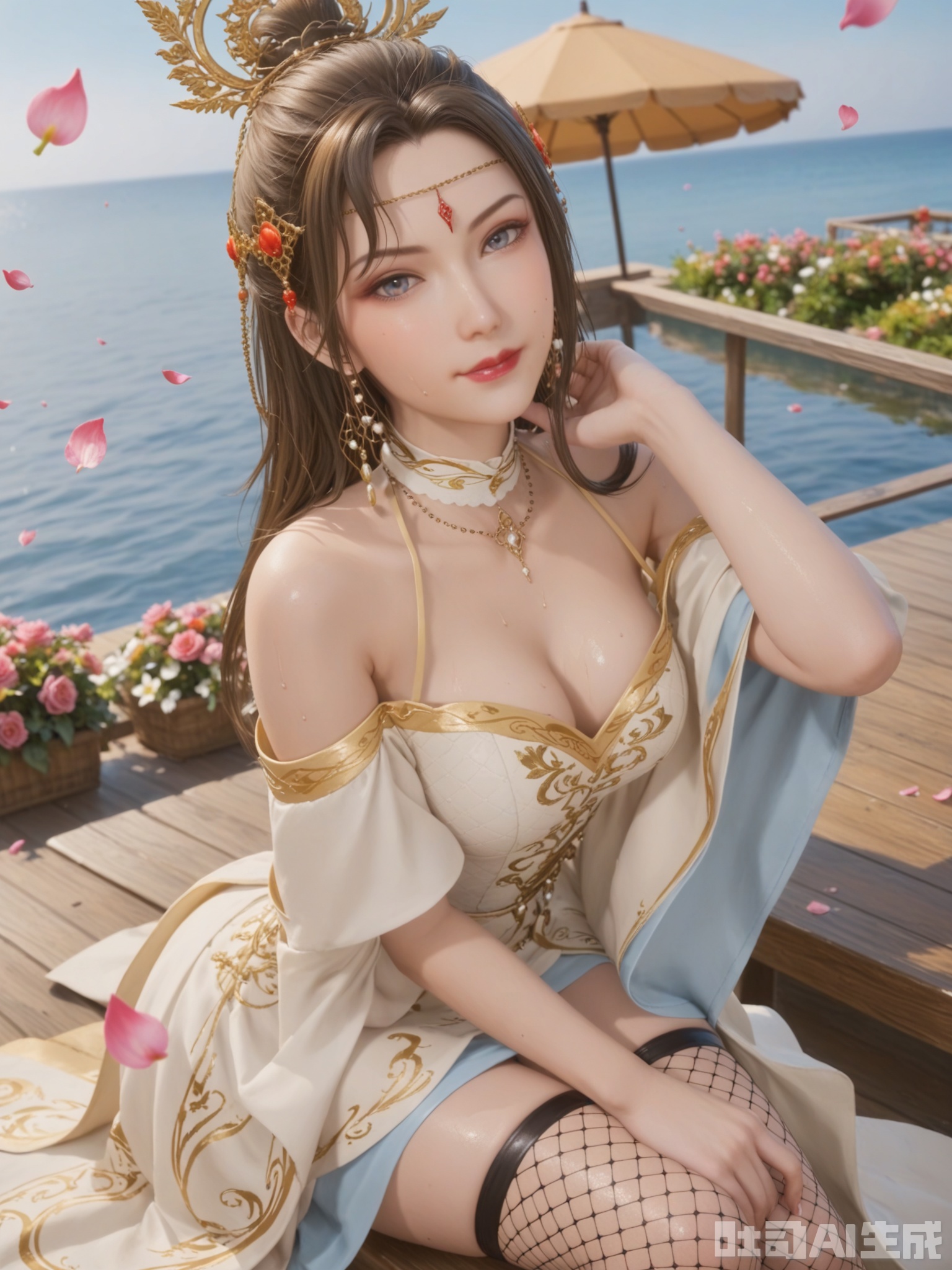 score_9,score_8_up,score_7_up,realistic,photorealistic,1girl,looking_at_viewer,realistic,dynamic poses,1girl,Vivid Colors,bright environment,delicate water,hair_ornament,shiny skin,shiny hair,reflection,dress,flower sea,falling petals,extreme detail description,(upper body:0.3),put one hand on your side,long_hair,(skindentation:1.3),Fishnet stockings,bright,sunshine on face,light,sweating,dress,light,sitting_down,