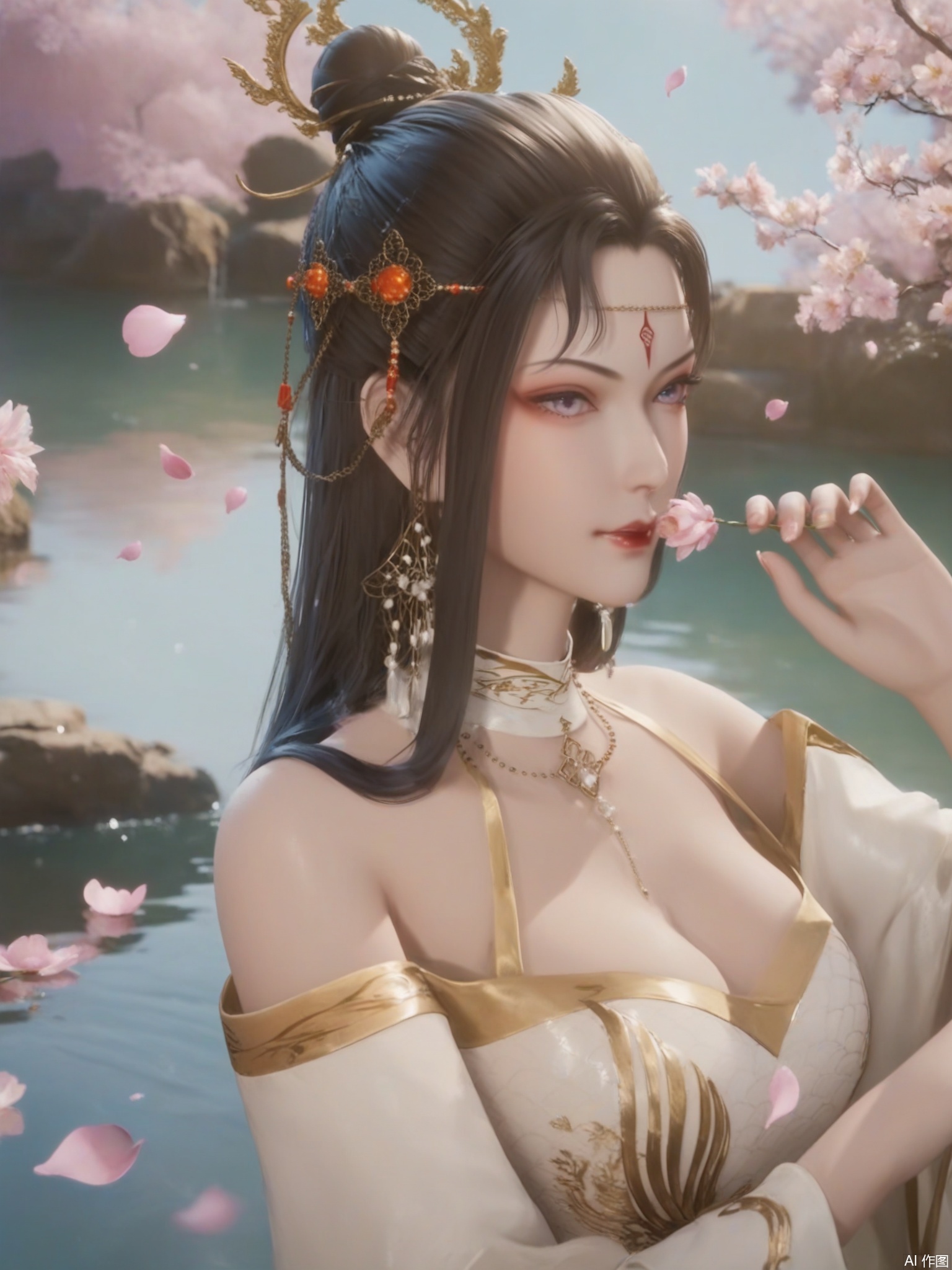 score_9,score_8_up,score_7_up,1girl,looking_at_viewer,realistic,1girl,Vivid Colors,bright environment,delicate water,hair_ornament,shiny skin,shiny hair,reflection,(wariza:1.2),white dress,jewelry,flower sea,falling petals,extreme detail description,(upper body:0.4),put one hand on your side,long_hair,(skindentation:1.3),Fishnet stockings,bright,sunshine on face,chinese_clothes,forehead mark, single hair bun,