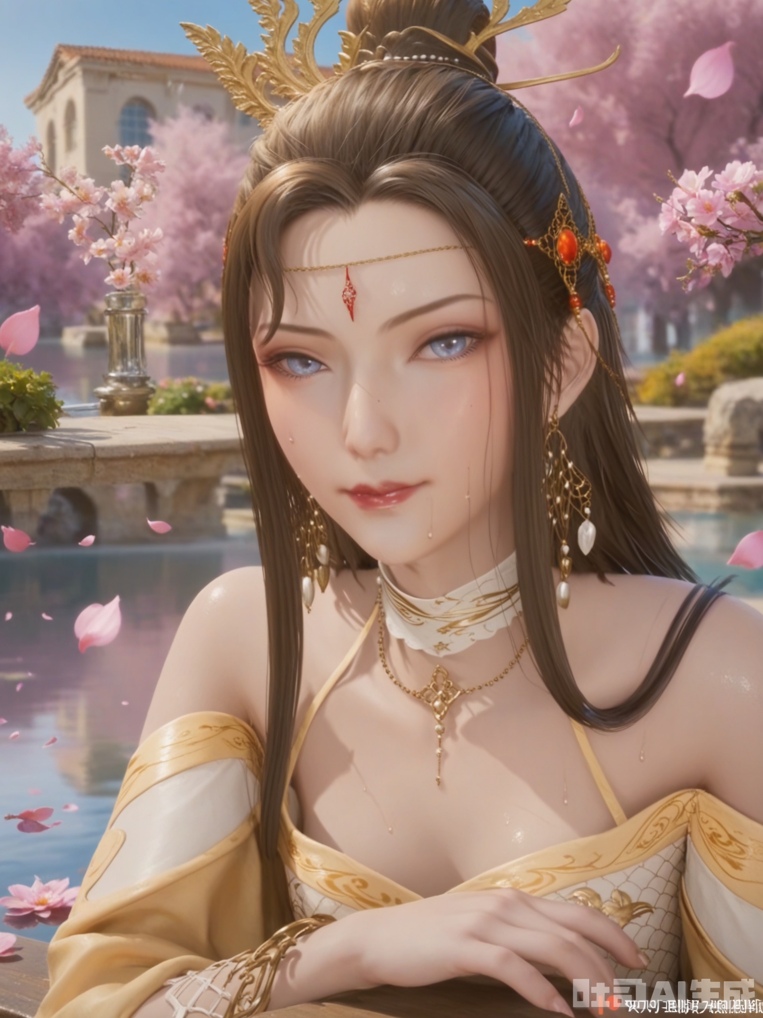 score_9,score_8_up,score_7_up,realistic,photorealistic,1girl,looking_at_viewer,realistic,dynamic poses,1girl,Vivid Colors,bright environment,delicate water,hair_ornament,shiny skin,shiny hair,reflection,dress,flower sea,falling petals,extreme detail description,(upper body:0.3),put one hand on your side,(skindentation:1.3),Fishnet stockings,bright,sunshine on face,light,sweating,dress,light,sitting_down,long hair,(skinny:1.3),lower leg,thin legs,slim hips,very slender legs,