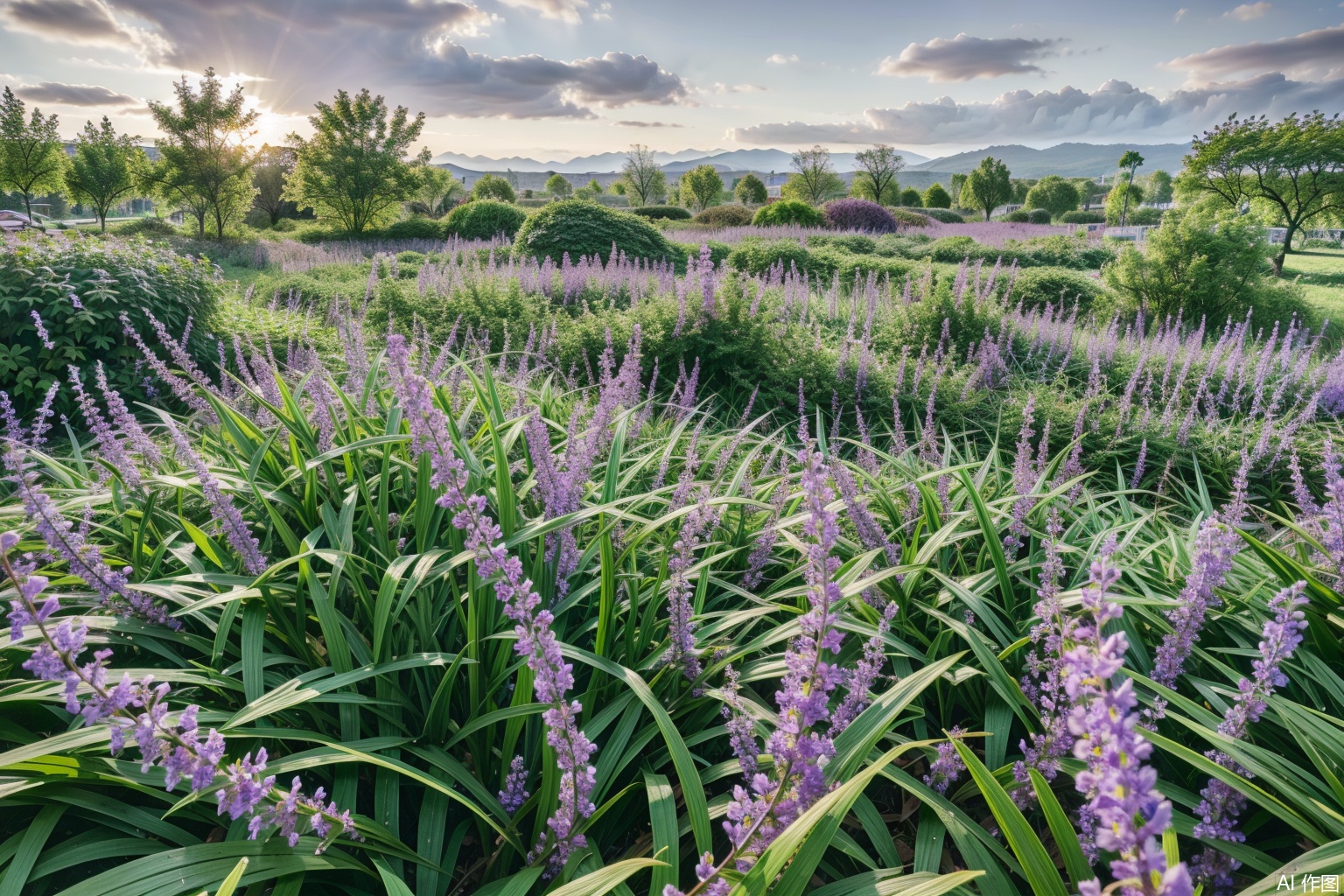 lanhuasanqi,purple flower,field,HDR,UHD,8K,best quality,masterpiece,Highly detailed,,