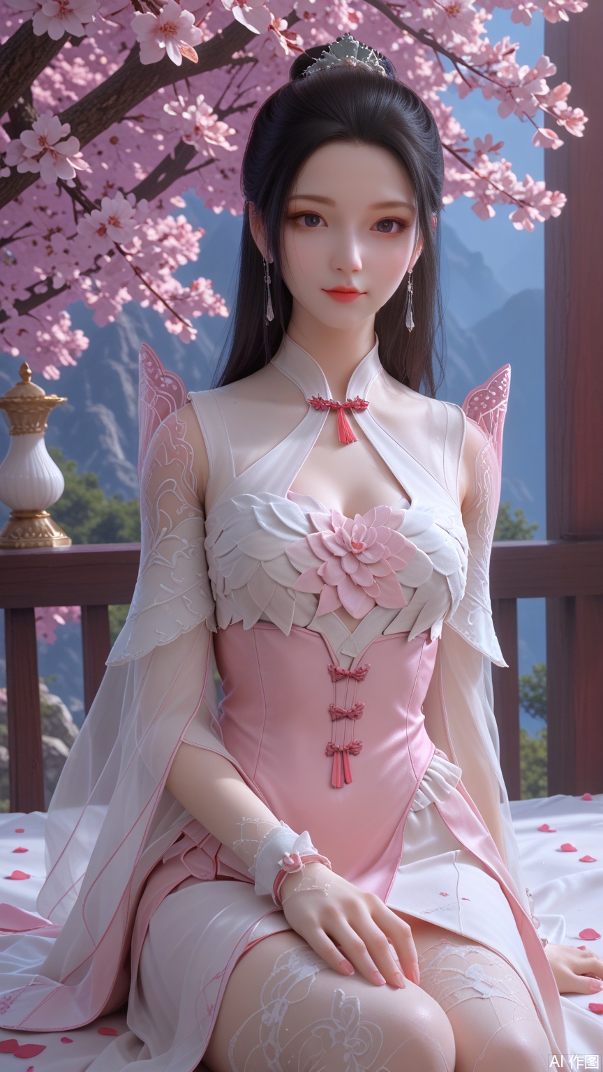 score_9_up,score_8_up,score_7_up, (high definition, Best quality, masterpiece, 4K, exquisite skin), (petal and beam background:1.1), 1girl, big chest, looking at viewer, sitting