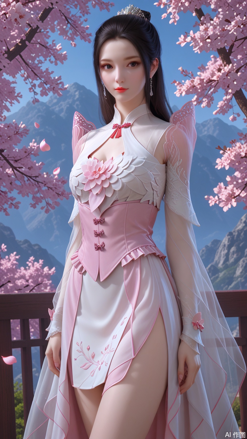 score_9_up,score_8_up,score_7_up, (high definition, Best quality, masterpiece, 4K, exquisite skin), (petal and beam background:1.1), 1girl, big chest, legs, looking at viewer, cowboy_shot