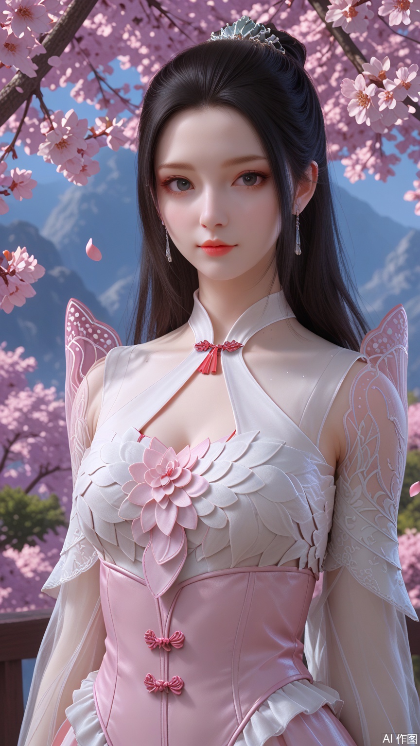 score_9_up,score_8_up,score_7_up, (high definition, Best quality, masterpiece, 4K, exquisite skin), (petal and beam background:1.1), 1girl, big chest, looking at viewer, (cowboy_shot:1.2)